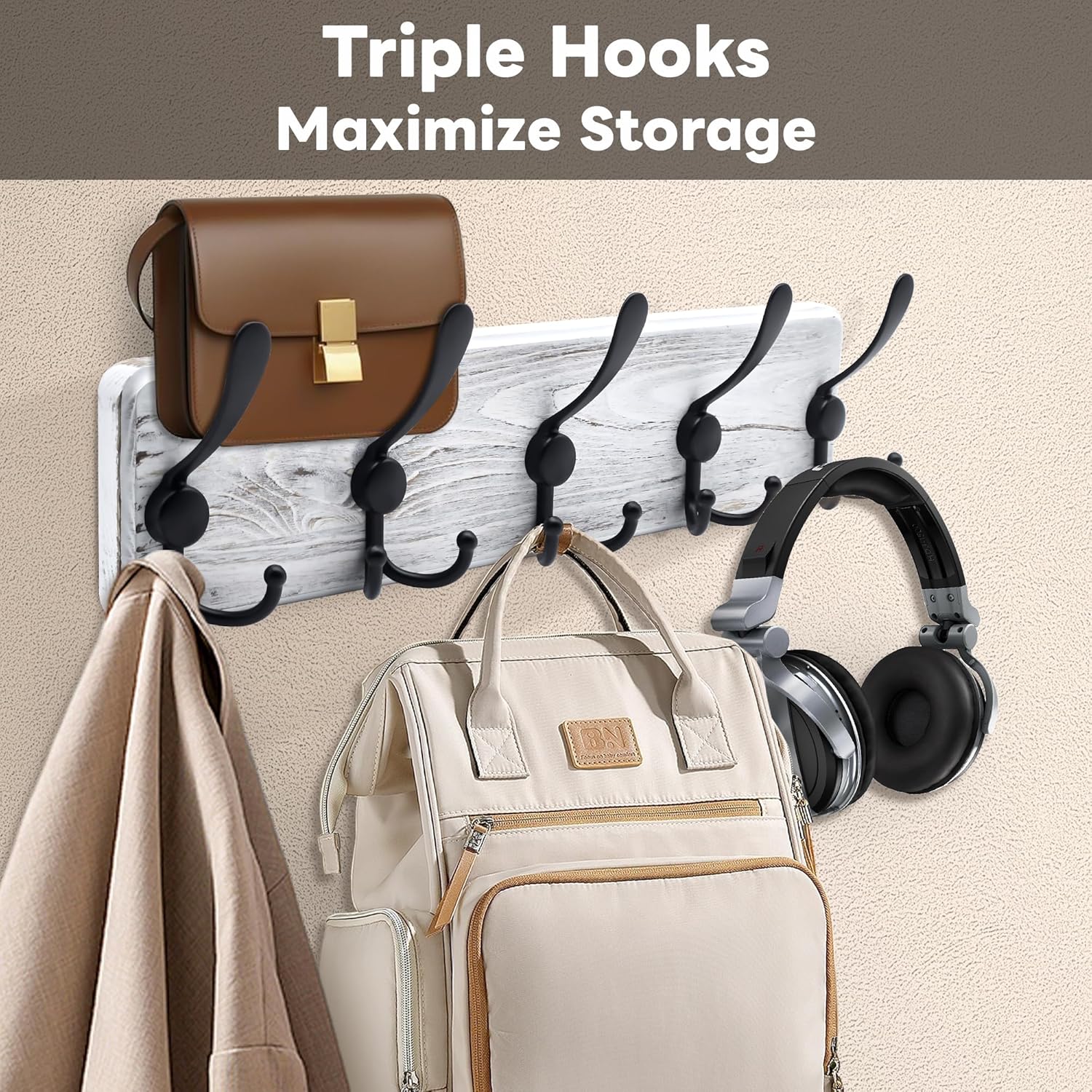 17.5'' Wall Mounted Coat Rack with 5 Triple Hooks- Solid Pine Wood, Wall Mounted or Adhesive Coat Hanger for Entryway, Mudroom, Bathroom - Farmhouse Decor for Towels, Hats, Keys,Bags - Brown