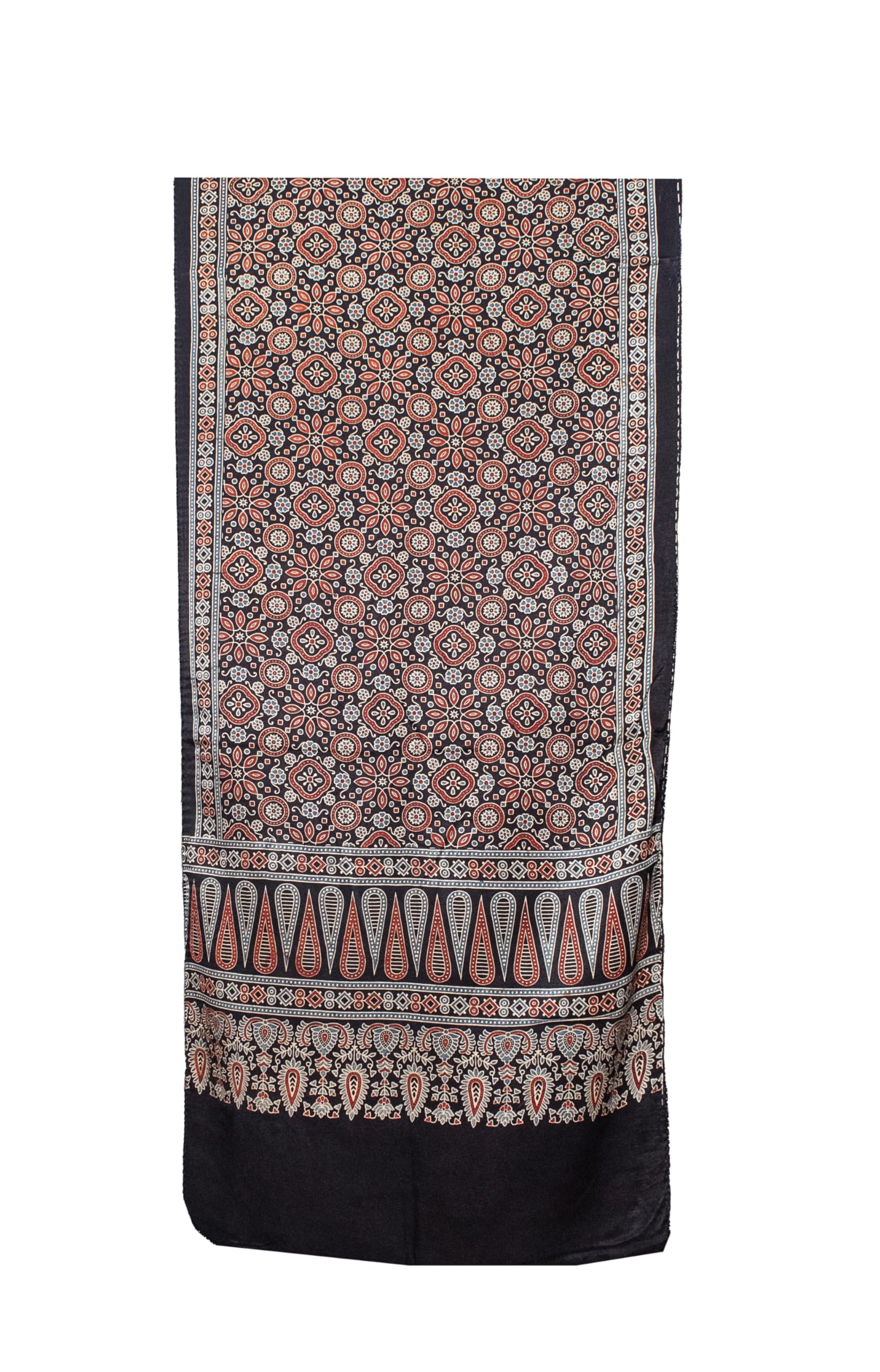 Ethnics of Kutch Women Ajrakh Mashru Silk Natural Dye Screen Print Hand Printed Stole - 2.1 Mtr Length