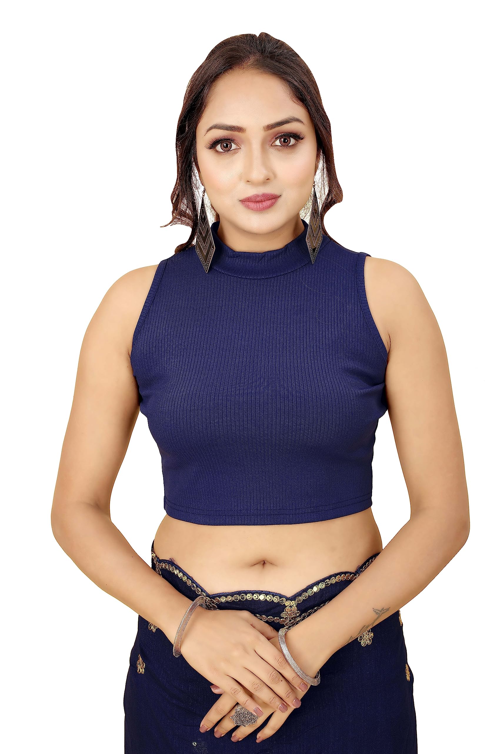 Shasmi Women's & Girls' Solid Ribbed Round Neck Collarless Sleeveless Slim Fit Simplicity Blouse For Women (Blouse 37 N Blue L)