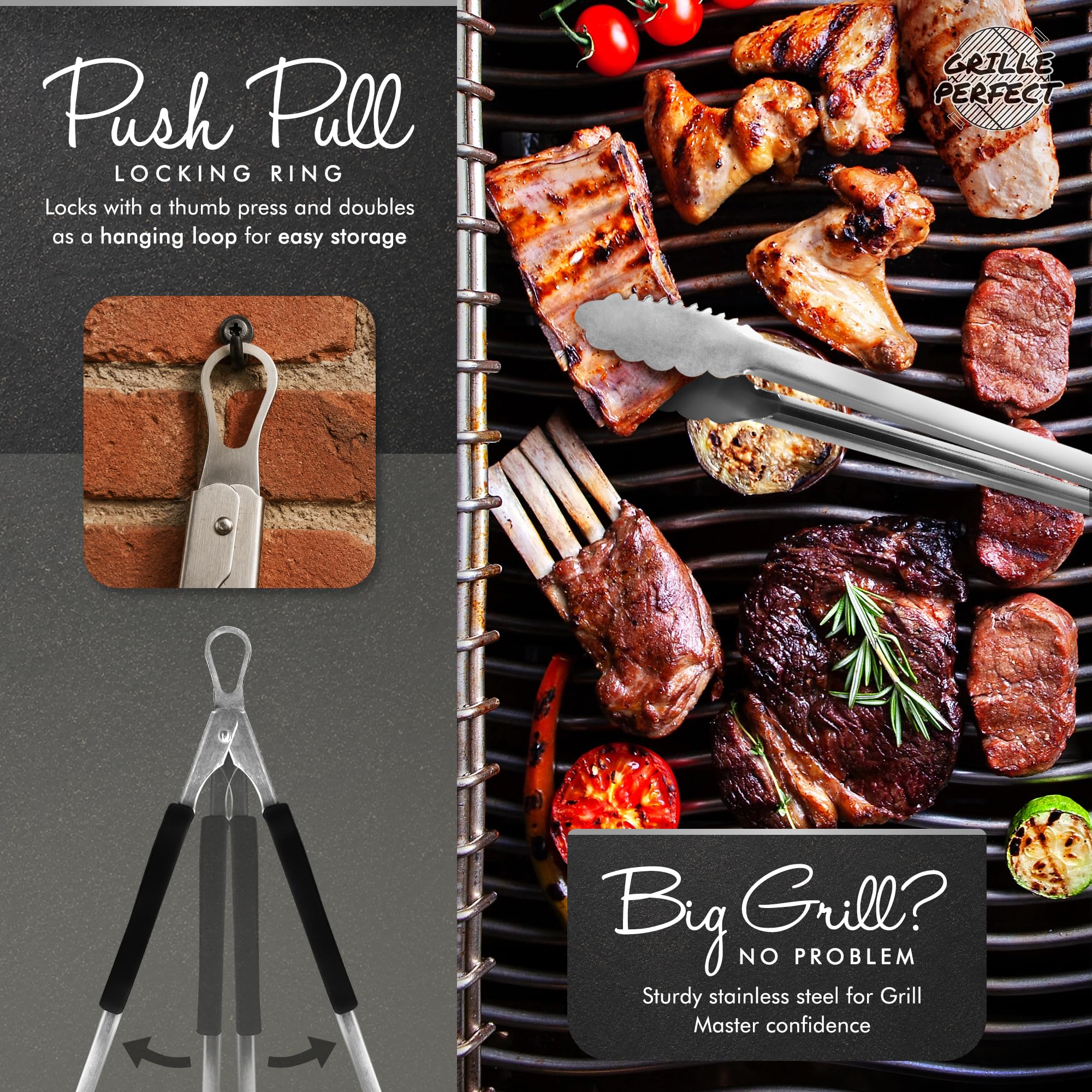 Super lange (61 cm) Edelstahlzange zum Grillen - robustes Metall-Grillbesteck, Gas- und Holzkohlegrill, Chelf Küche Essen Servieren Grillwerkzeuge Silikongriff Fleisch Greifen & Braten