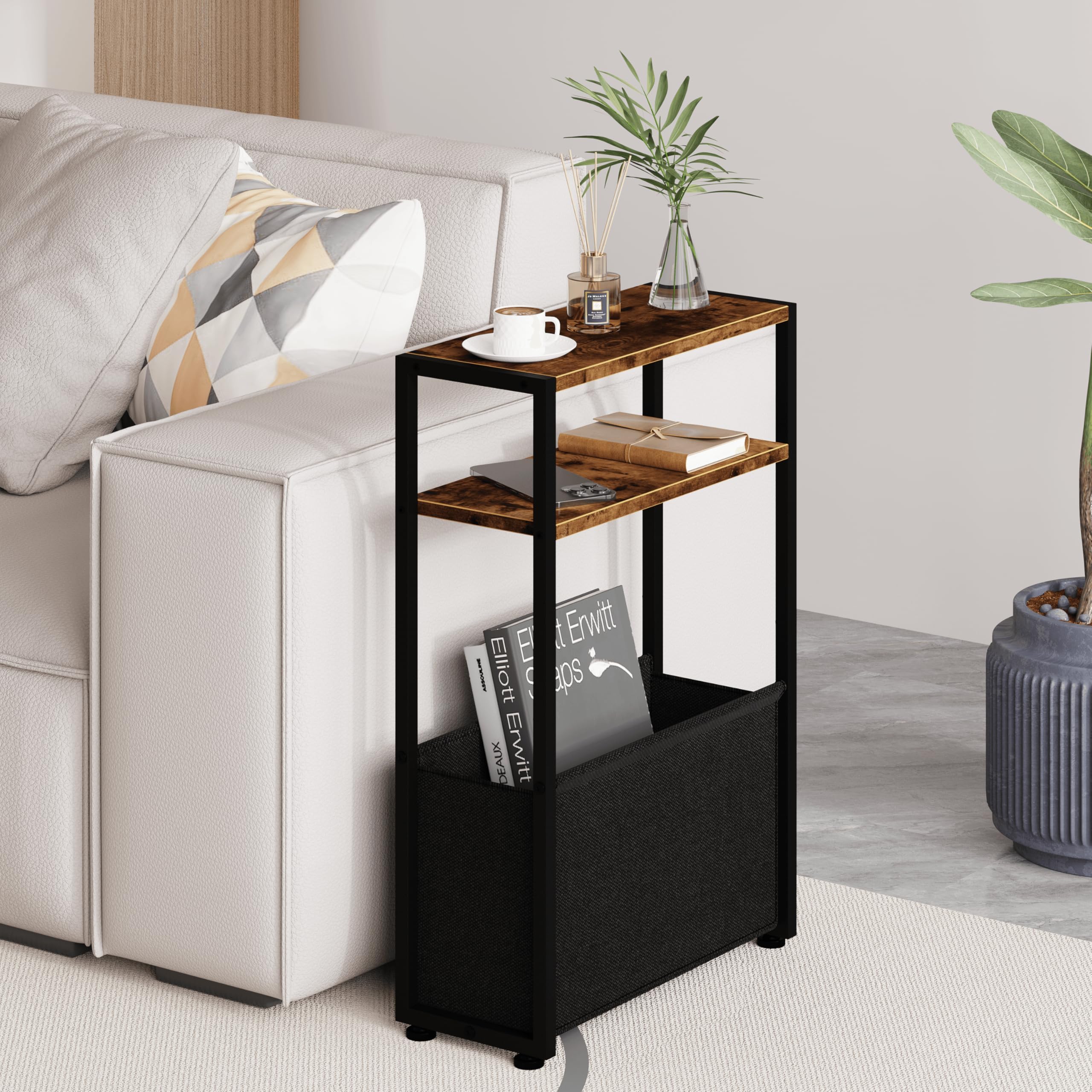 Leomonio Narrow Side Table, Slim End Tables with Fabric Basket, Skinny Table for Small Spaces, Thin Bedside Table for Living Room, Bedroom