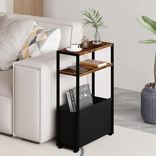 Leomonio Narrow Side Table, Slim End Tables with Fabric Basket, Skinny Table for Small Spaces, Thin Bedside Table for Living Room, Bedroom