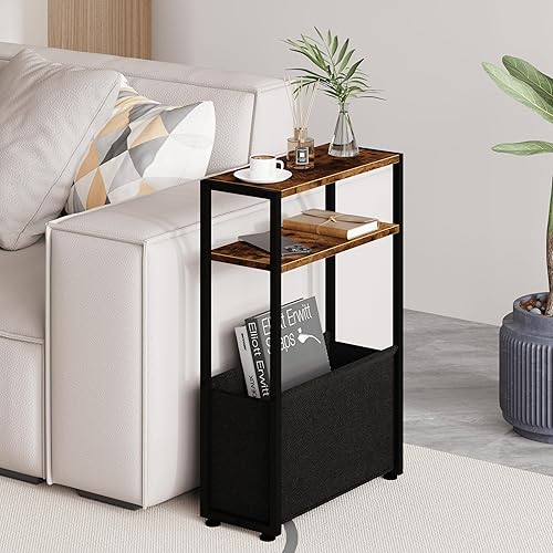 Narrow Side Table, Slim End Tables with Fabric Basket, Skinny