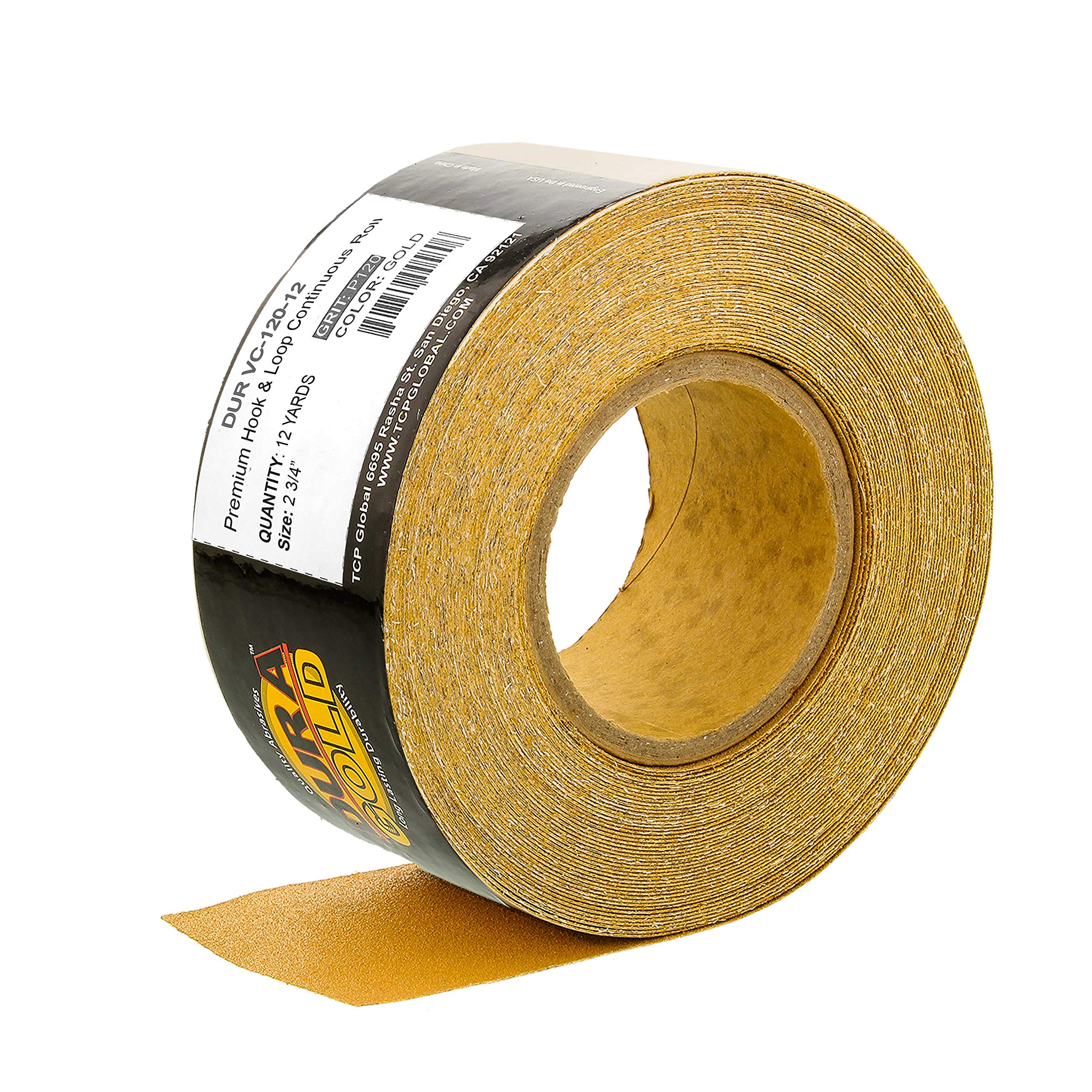 Dura-Gold Premium - 120 Grit Gold - Hook & Loop Backing Longboard Continuous Sandpaper Roll, 2-3/4" Wide, 12 Yards Long - For Automotive & Woodworking Air File Long Board Sanders, Hand Sanding Blocks