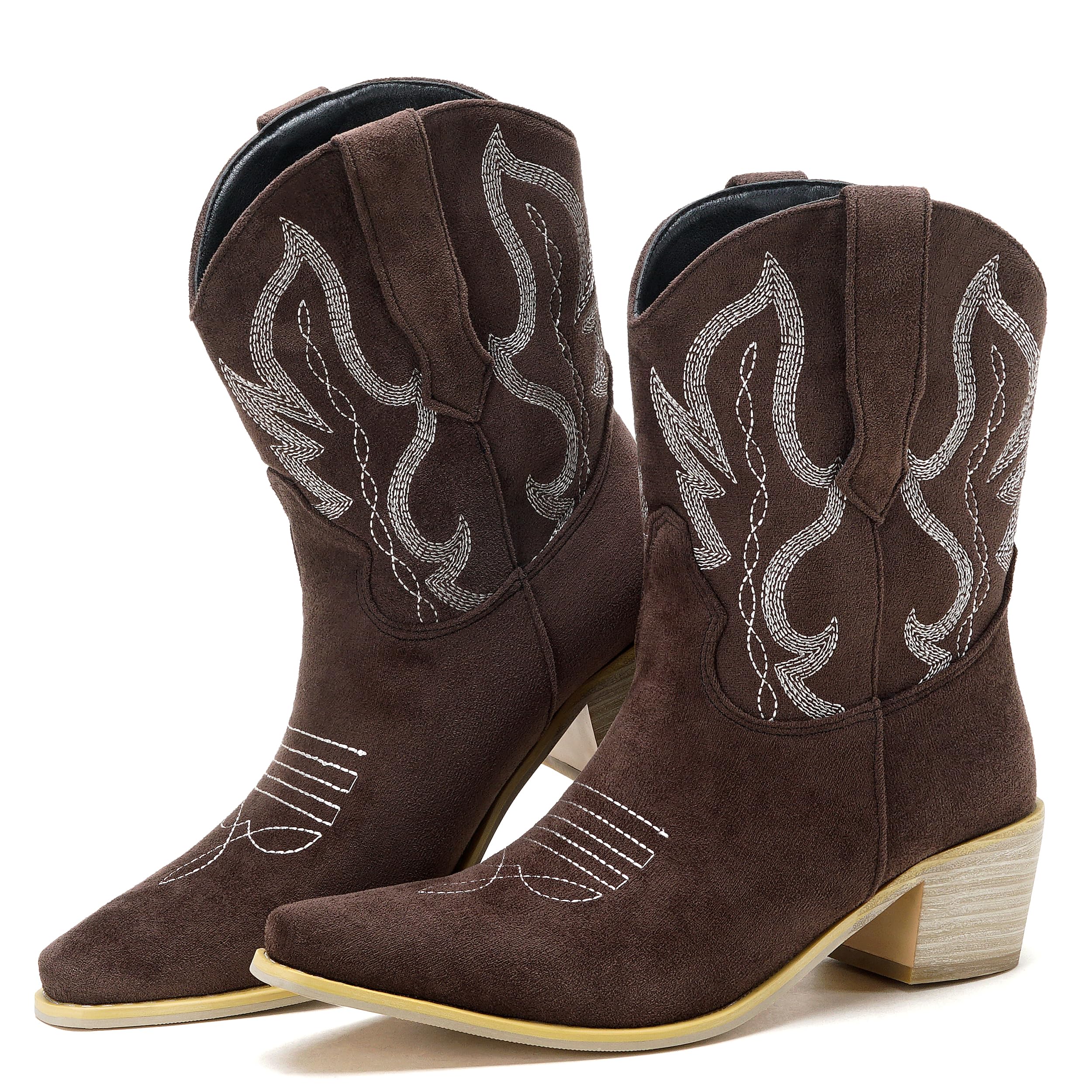 Cozivwaiy Stivaletti classici da cowboy ricamati da donna a punta stivaletti alla caviglia stivali country occidentali stivaletti con tacco a blocco