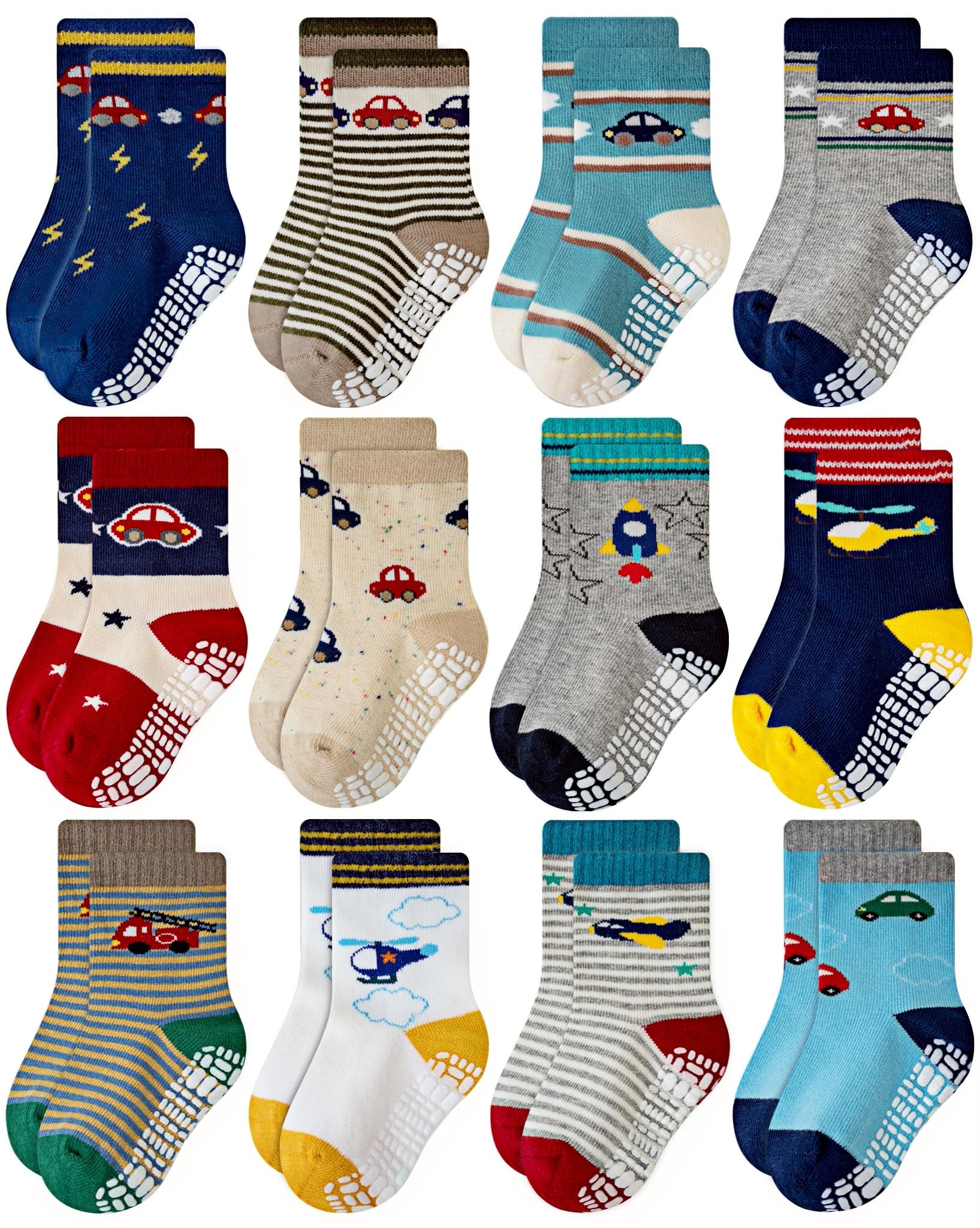 RATIVE Deluxe Non Skid Anti Slip Slipper Cotton Crew Dress Socks With Grips For Baby Toddlers Kid boy (9-18 Months, 12 designs/RB-71112)