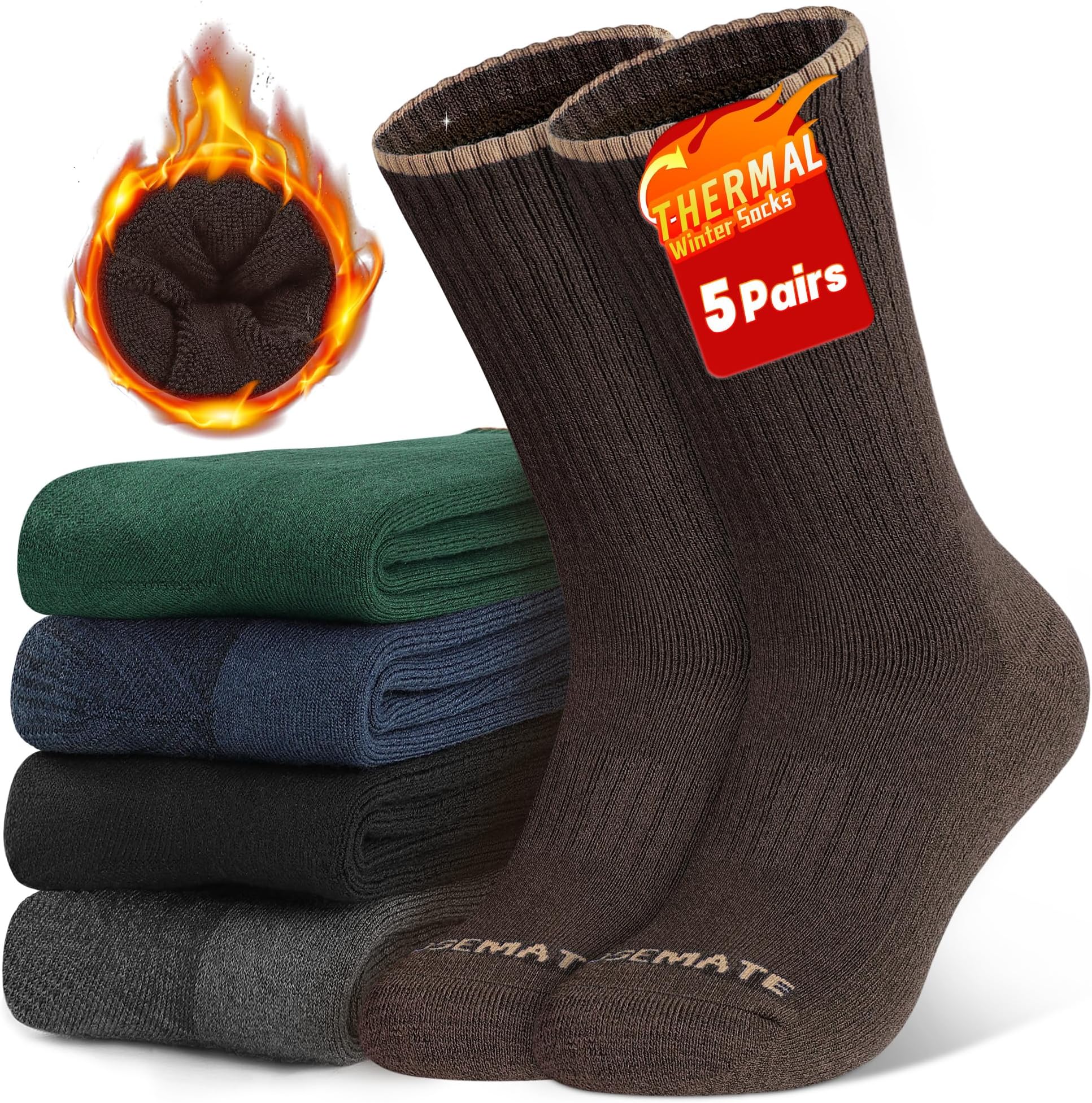 CLOSEMATEMens Thermal Socks Winter Warm Thick Crew Socks for Men Women Wicking Sport Socks Soft Full Cushion Cotton Calf Work Boot Socks for Outdoor Hiking Walking Athletic Socks 5 Pairs