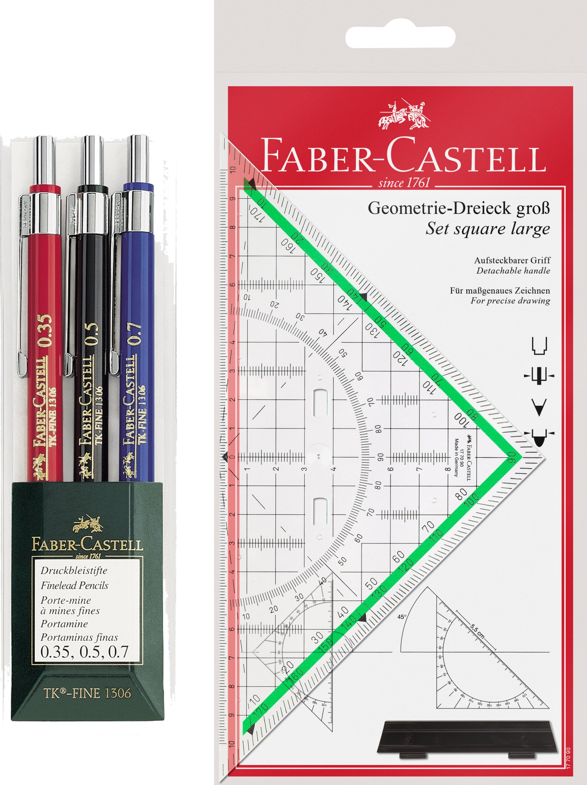 Faber-Castell - Zeichendreieck groß, mit Griff + 3 Druckbleistifte TK-FINE, Inhalt: 0,35 mm, 0,5 mm + 0,7 mm