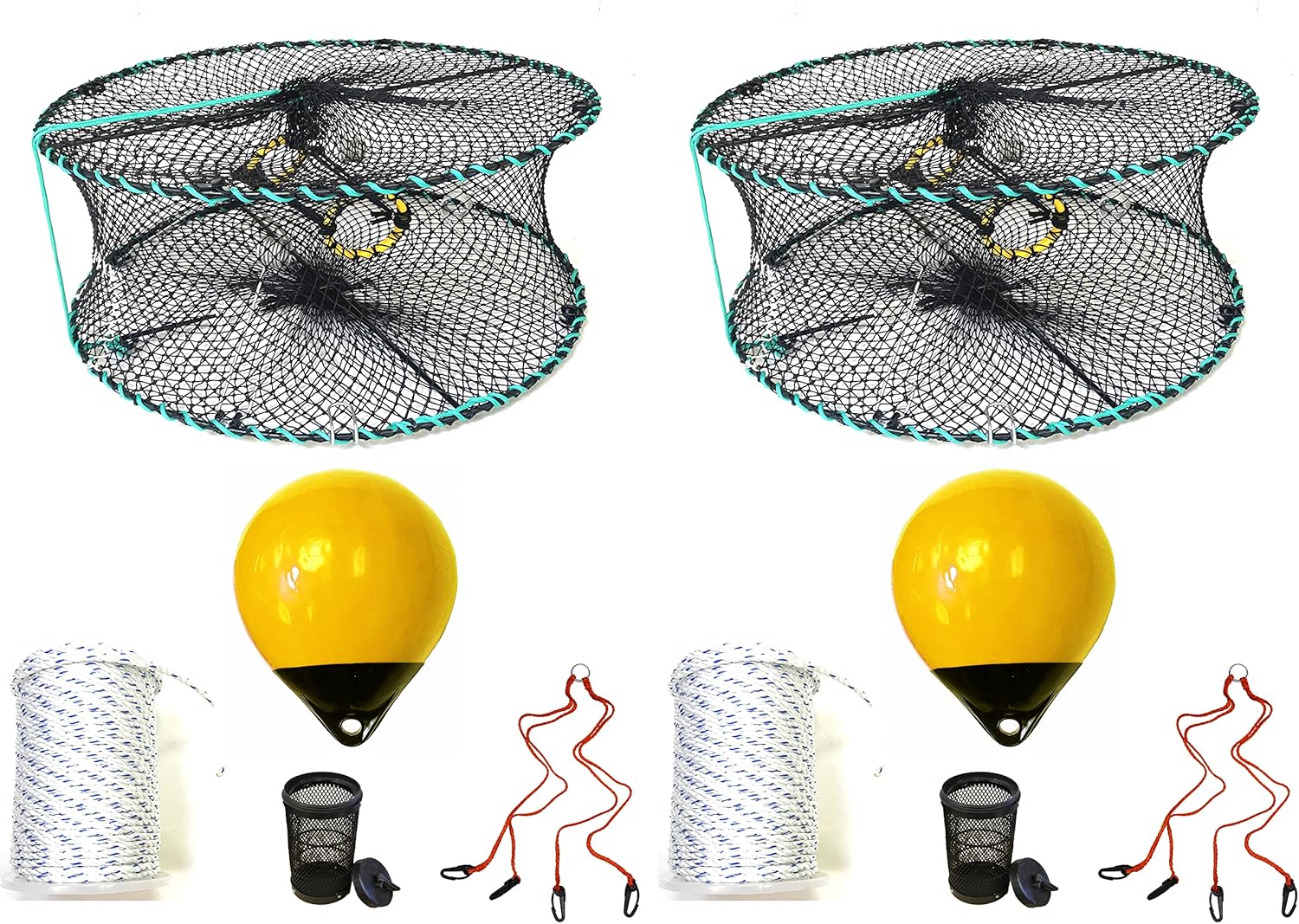2-Pack of KUFA Sports Foldable Prawn Trap (Stretched Mesh Size:1-1/8") with 400' Rope, Yellow Float, Bait Bag & Harness Combo