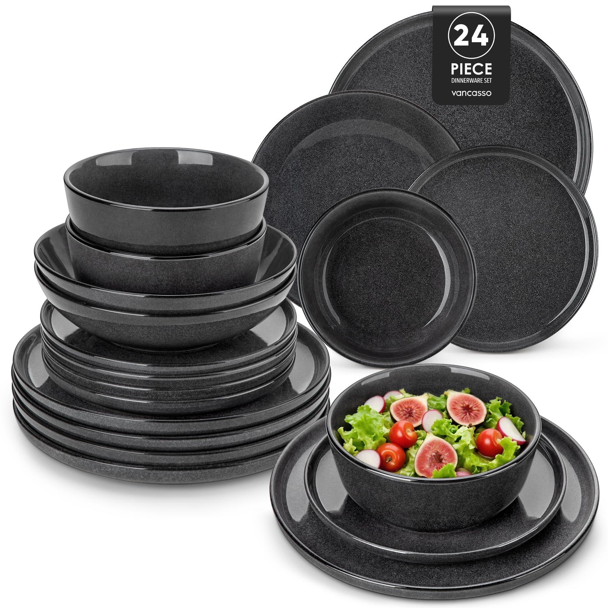vancasso Série ANYA Assiettes Service de Table 24 Pièces pour 6 Personnes, Vaisselle en Grès - Glaçure Gris Double Flambé - Passe au Micro-Ondes, au Four et Au Lave-Vaisselle