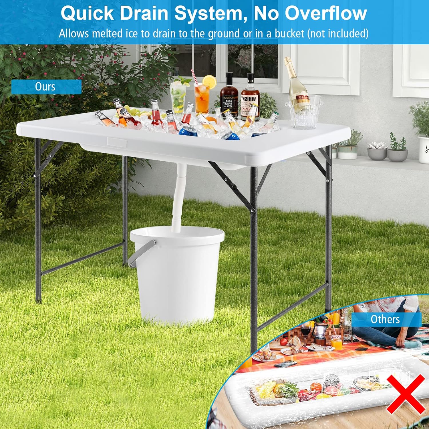 S AFSTAR 4 Foot Folding Ice Table, Buffet Salad Serving Table with Removable Skirt, Drain System & 8" Spacious Edge, Portable Beverage Cooler for Party Camping Picnic Wedding