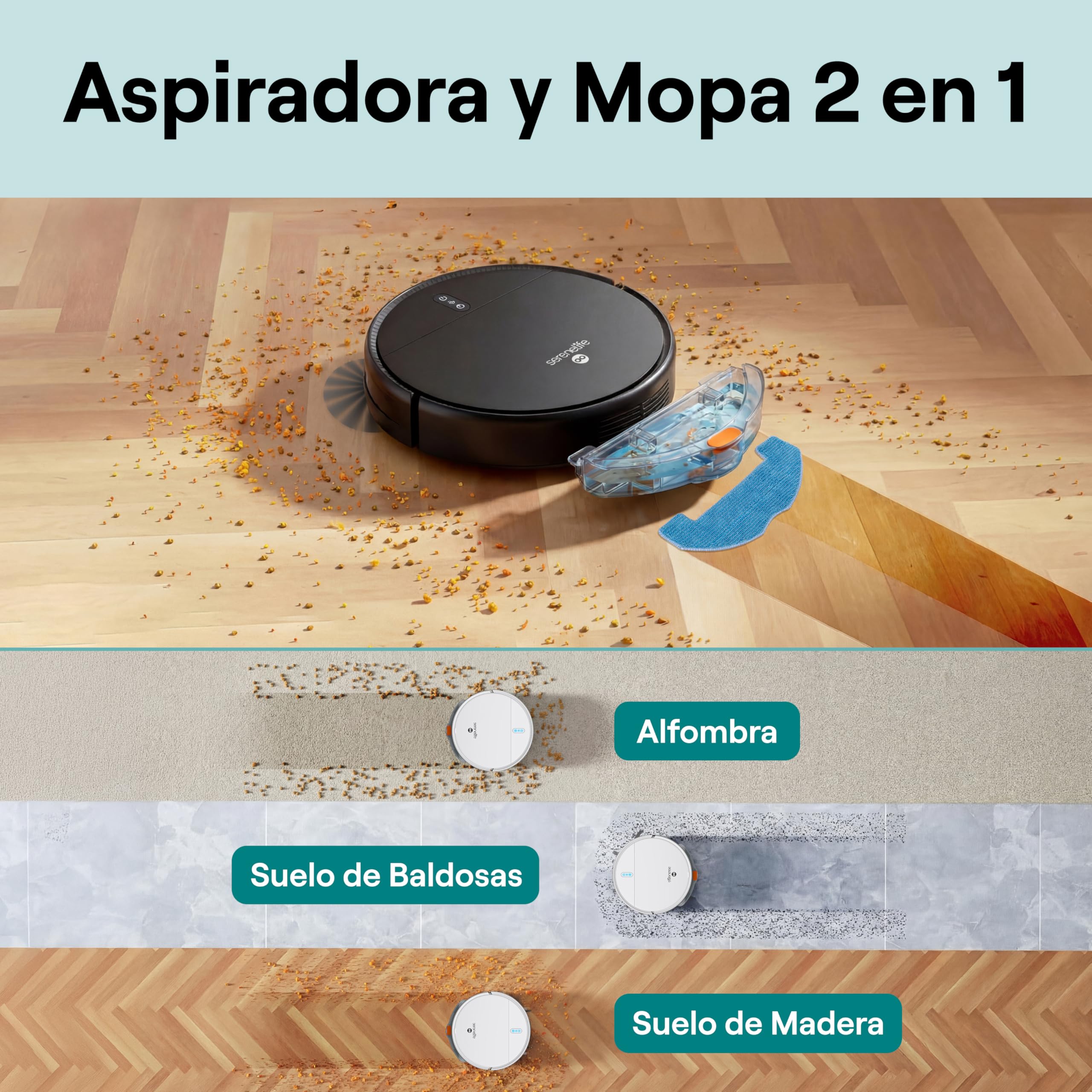 SereneLife Robot aspiradora y mopa Inteligente automática, Control por aplicación, 3 Modos de Limpieza, Autocargable, Succión de 700Pa, Ideal para Pelo de Mascotas, alfombras y Suelos Duros