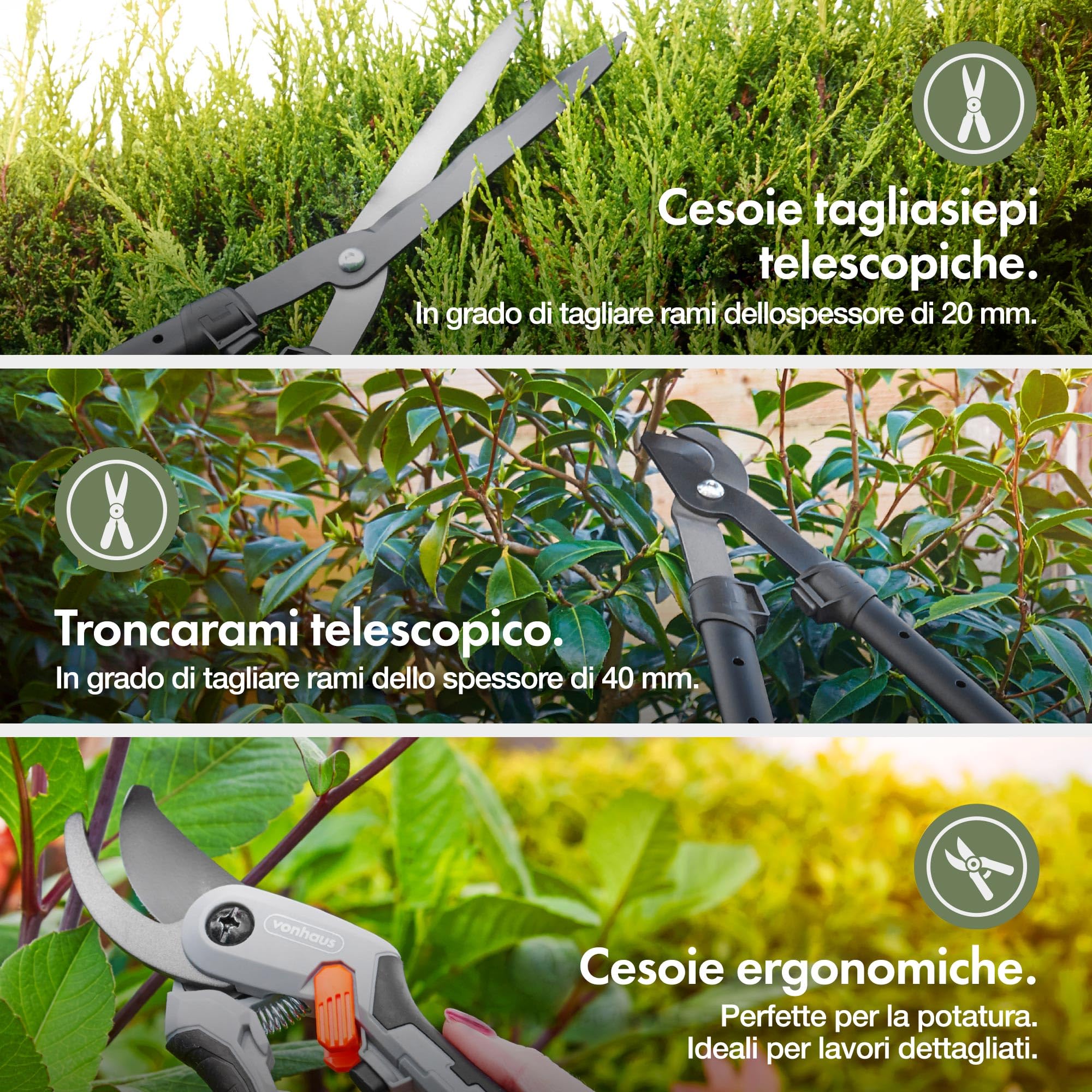 VonHaus Set Cesoie Potatura 3 Pz – Troncarami Telescopico, Cesoie per Siepi, Forbici da Potatura – Manici Telescopici Estensibili, Impugnatura Morbida, Leggeri - Attrezzi Giardinaggio