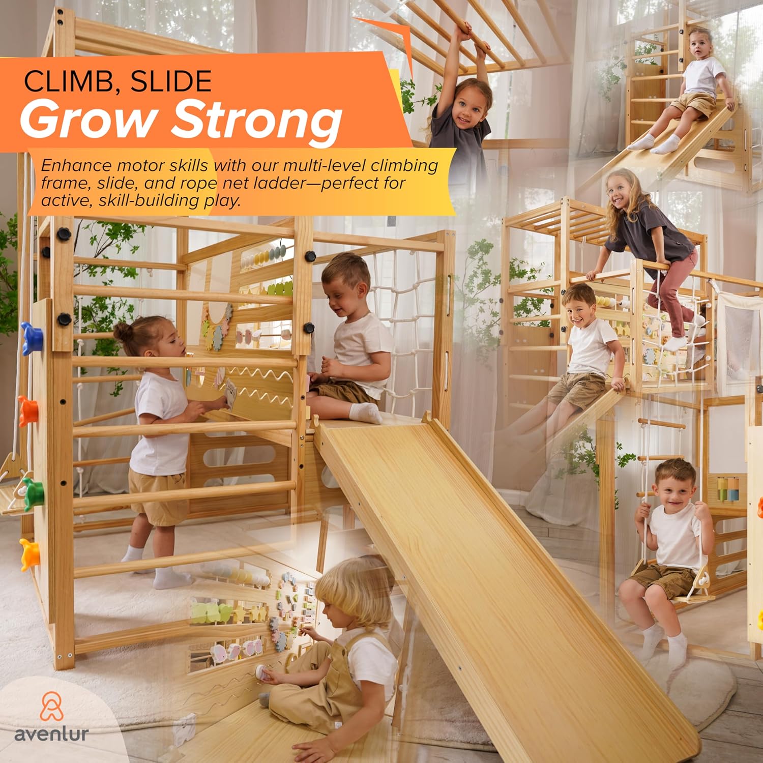 Avenlur Montessori Gym Alpine Wooden Jungle Gym with Indoor Swing, Toddler & Baby Climbing Toys, Rock Wall Perfect for Active Fun & Skill Development, Ages 2-8