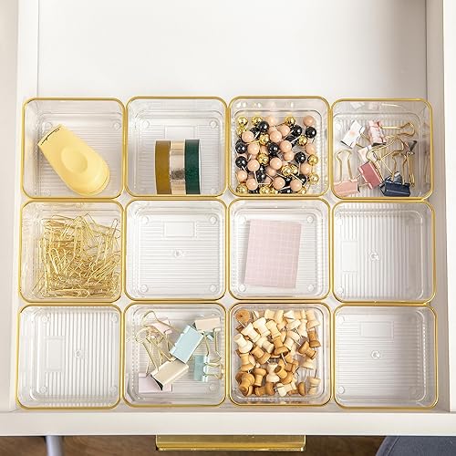 Miniatura 5 de Martha Stewart Kerry - Organizadores de cajones de escritorio apilables de plástico, 3 x 3 pulgadas, paquete de 12, con ribete dorado