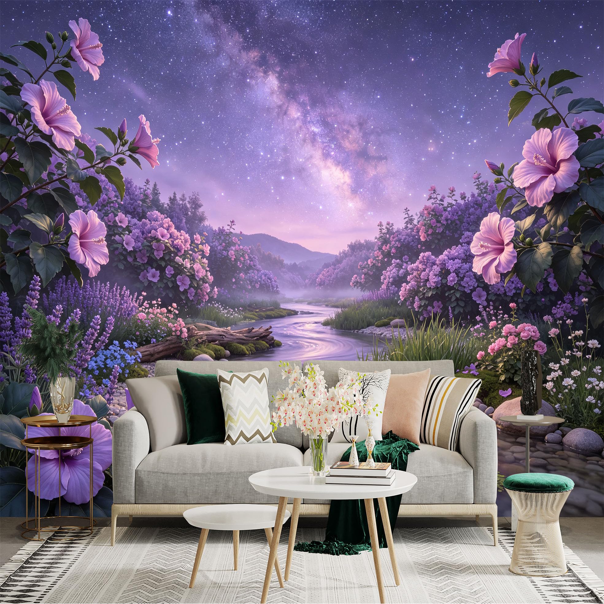 Lnzczhyre Bh260719382 Custom Size Wall Sticker Mural， Purple Hibiscus Flowers， Winding River Landscape， Dreamy Starry Night Sky， For Wall Decoration， Peelandstick Wall Decals.