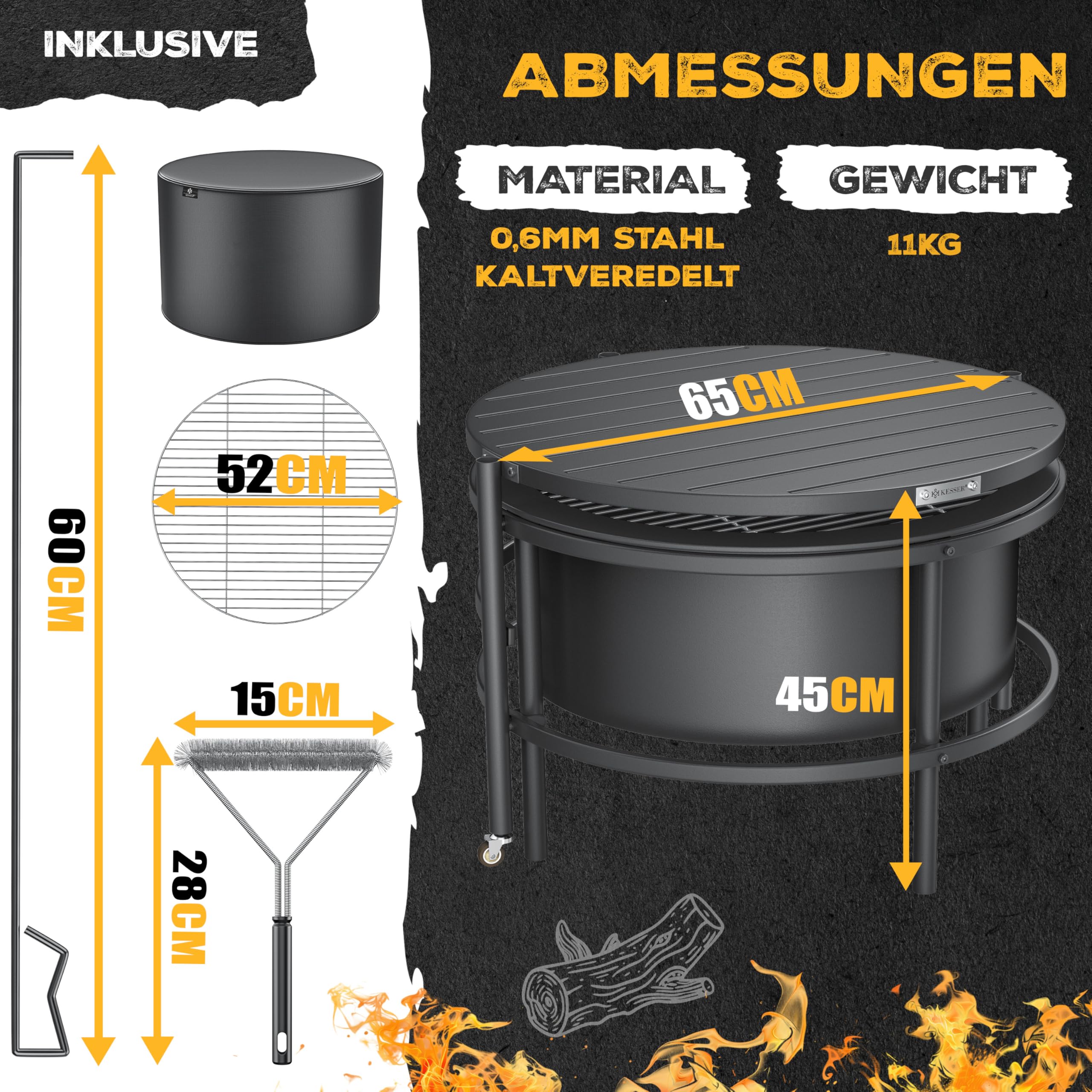 KESSER Braciere con griglia Ø 65 cm, braciere 0,6 mm, in acciaio raffinato a freddo, con pneumatici, braciere in legno e carbone con gancio in ghisa, diametro 52 cm, spazzola e copertura