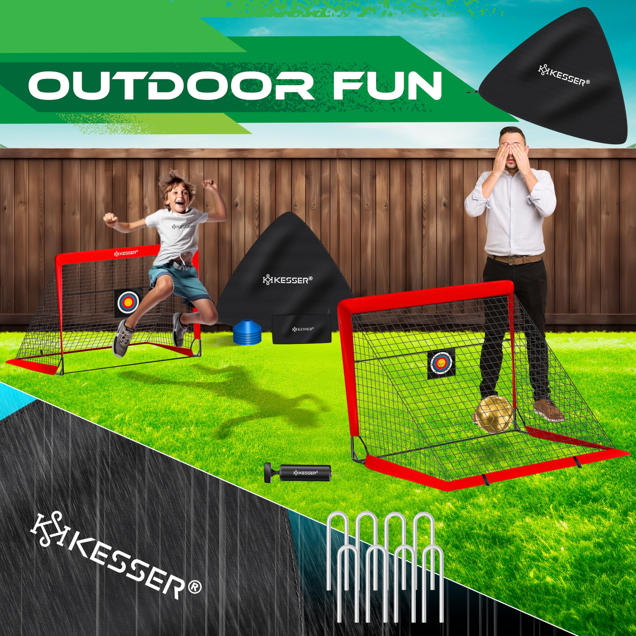 KESSER® Cancelli da calcio per bambini,Set di 2 | Porte da calcio pieghevoli in fibra di vetro per interni, esterni e giardini | Con borsa per il trasporto 6X coni + Pompa,