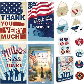 Decorably 8 Pack 5x7in Thank You for Your Service Cards for Veterans with Envelopes and Stickers, 4 Patriotic Designs Veteran Thank You Cards with Printed Message Inside