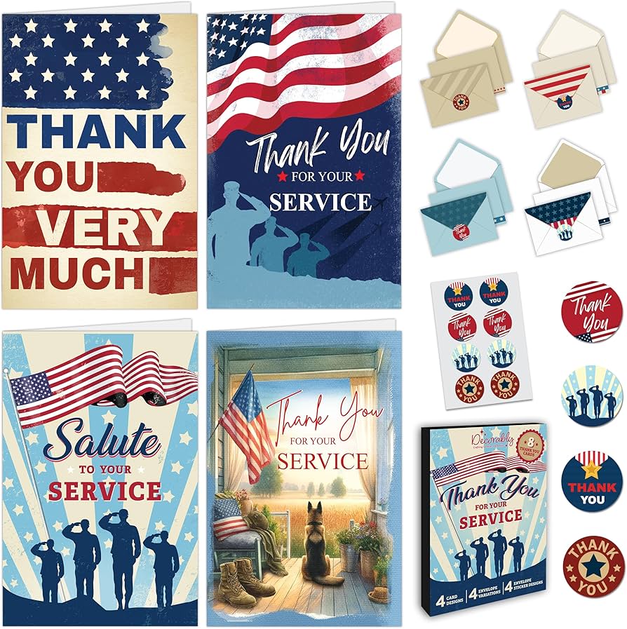 amazon-com-decorably-8-pack-5x7in-thank-you-for-your-service-cards-for-veterans-with-envelopes-and-stickers-4-designs-patriotic-card-with-printed-message-inside-office-products