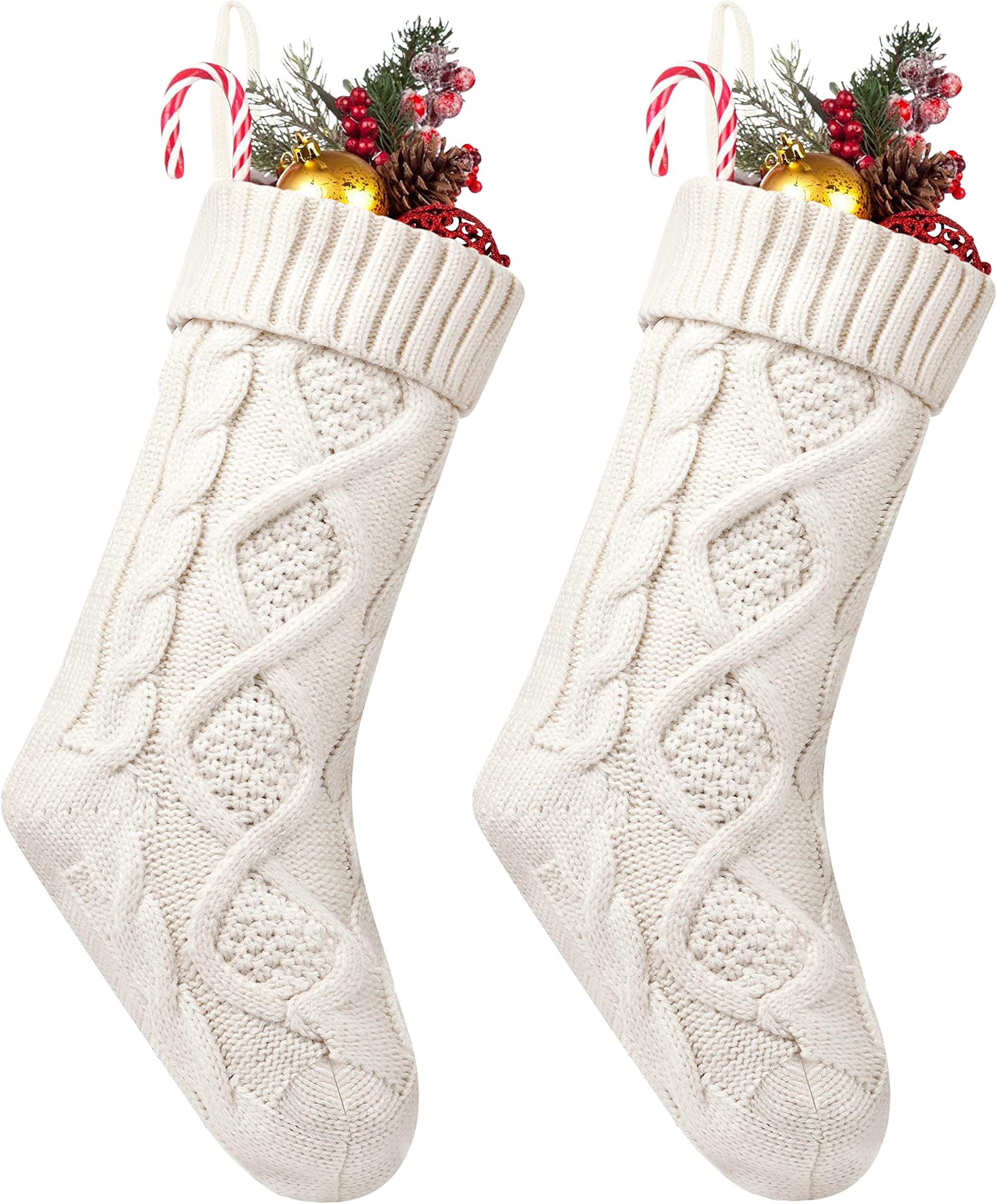 FescioryFesciory Christmas Stockings, 2 Pack 18 Inches Cable Knitted Large Size Stocking Gifts & Decorations for Family Holiday Xmas Party, Ivory