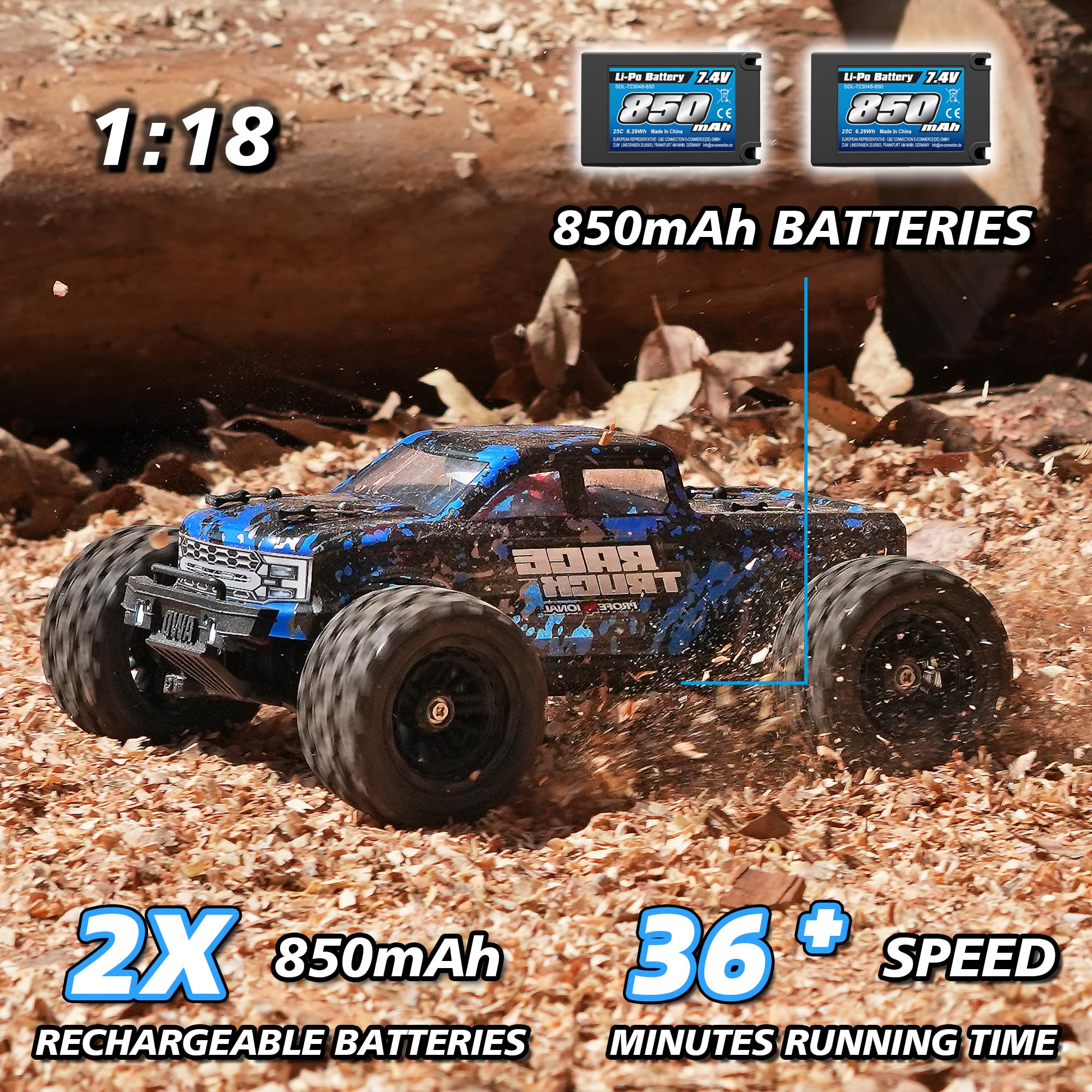 HAIBOXING Voiture télécommandée 18859E, 2,4 GHz 36 km/h Tout-Terrain 4WD RC Auto, RTR 1:18 Monstertruck Tout-Terrain avec 2 Batteries Camion Jouet pour Enfants et Adultes