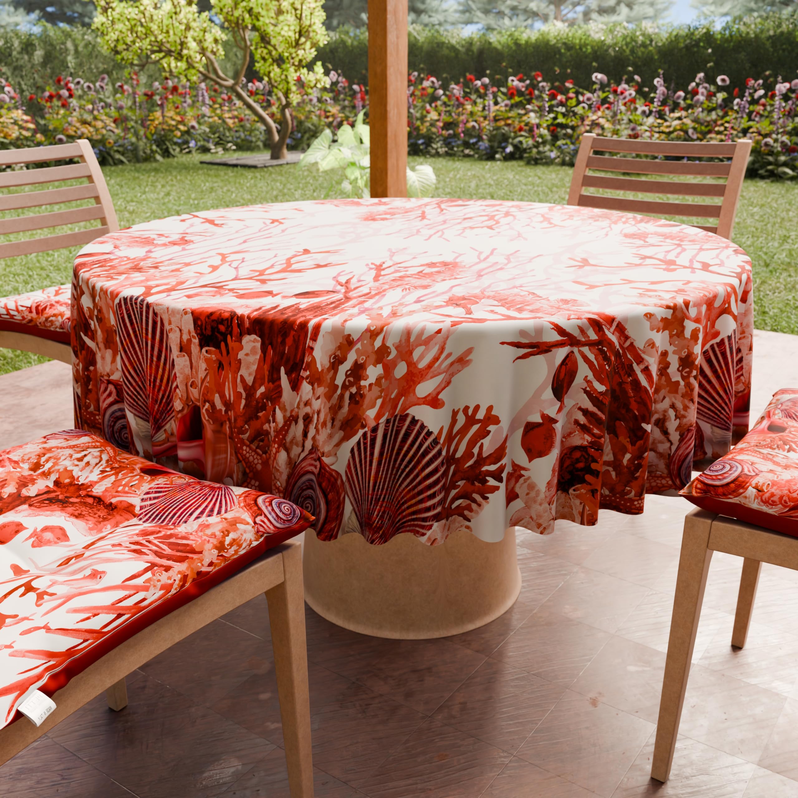 PETTI Artigiani Italiani - Anti-Stain Round Microfibre Tablecloth (Diameter 220 cm), Kitchen Table Cover for Round Table, Red Coral Design, 100% Made in Italy