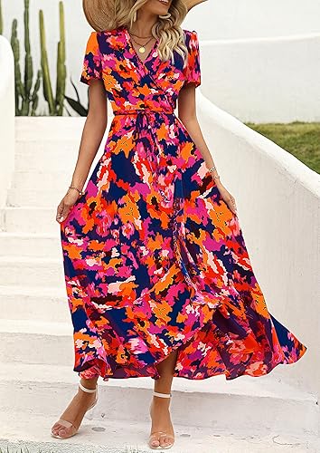 Miniatura 3 de PRETTYGARDEN - Vestido largo de verano para mujer con cuello en V, estilo bohemio, floral, manga corta, dobladillo con volantes, para playa,
