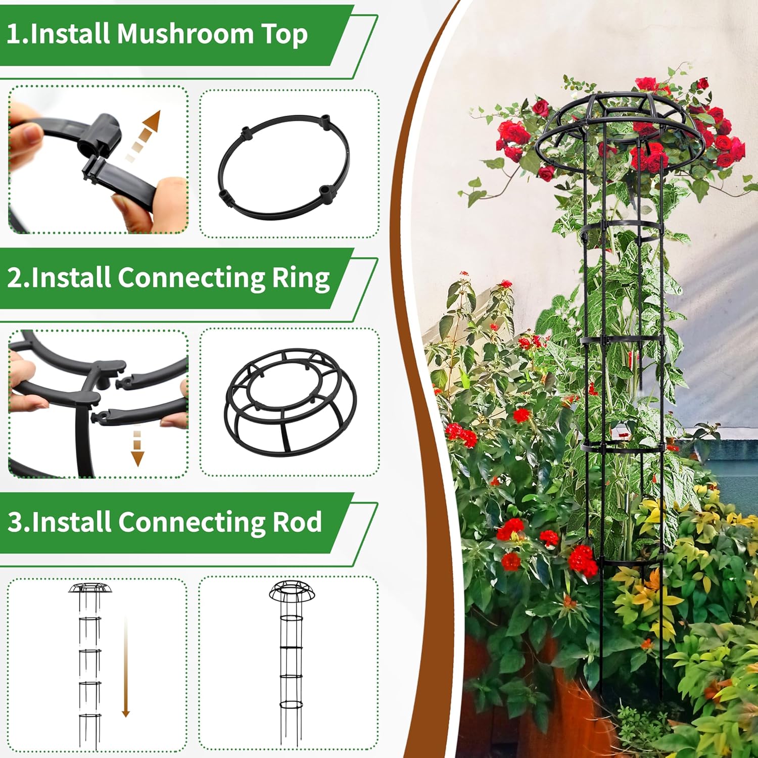 2 Pack Umbrella Trellis for Climbing Plants, 65 Inch Tall Adjustable Plant Support for Outdoor Indoor Garden, Sturdy Metal Core with Plastic Coating, Black