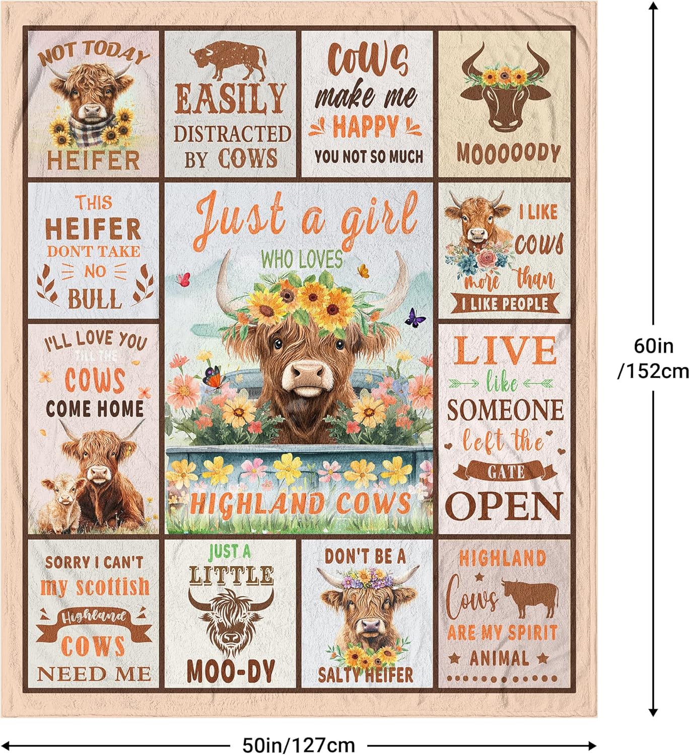 Highland Cows Blanket, Highland Cow Gifts, Highland Cow Decor, Cow Print Blanket, Cow Gifts for Women, Cow Print Throw Blanket 60"x50" - Image 5