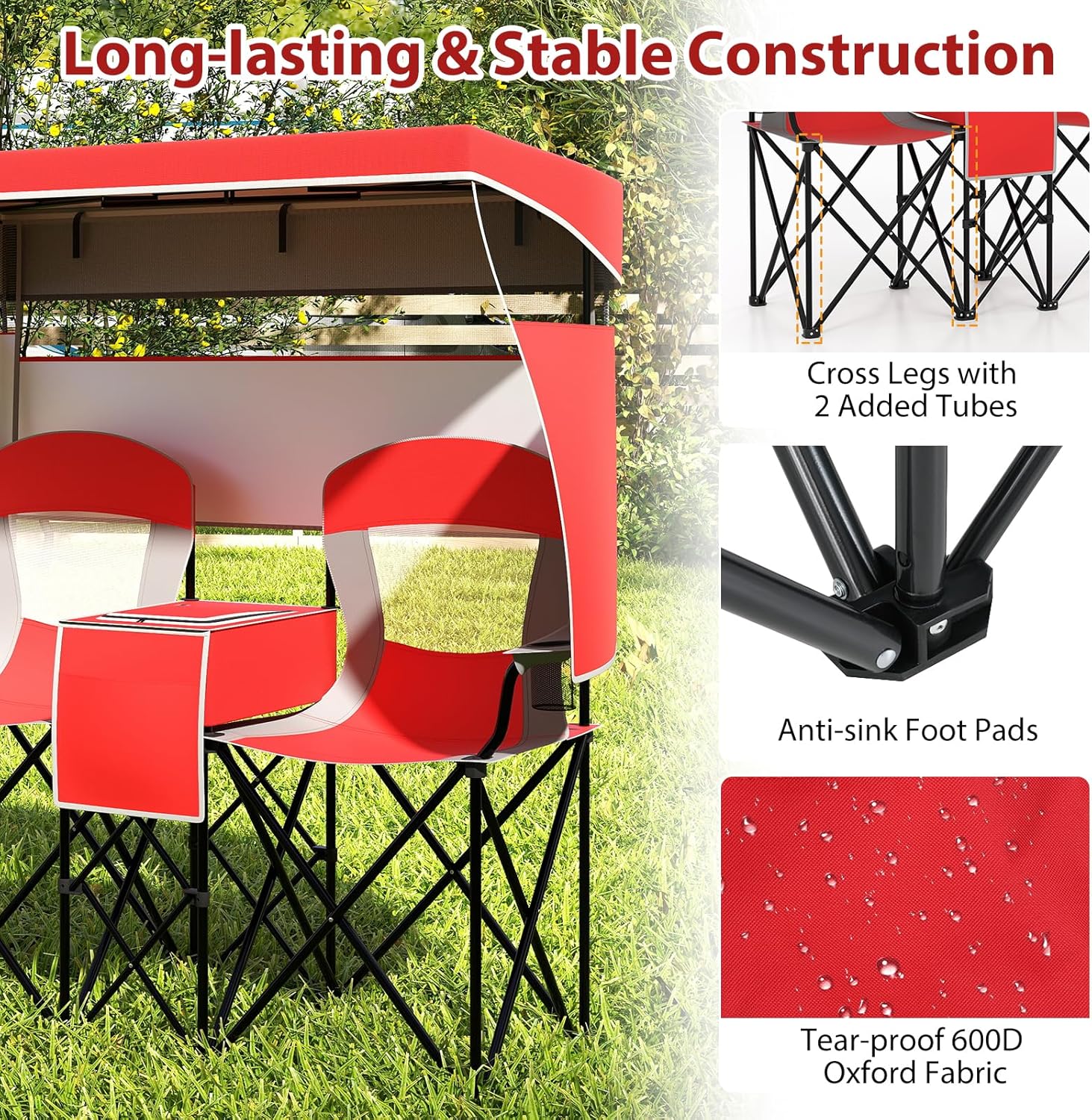Goplus Double Beach Chair w/Adjustable Canopy, Oversized Folding Camping Chair w/Roll-up Shade, Cooler Bag, Cup Holders, Carrying Bag, 2-Person Portable Loveseat for Sports Fishing (Red)