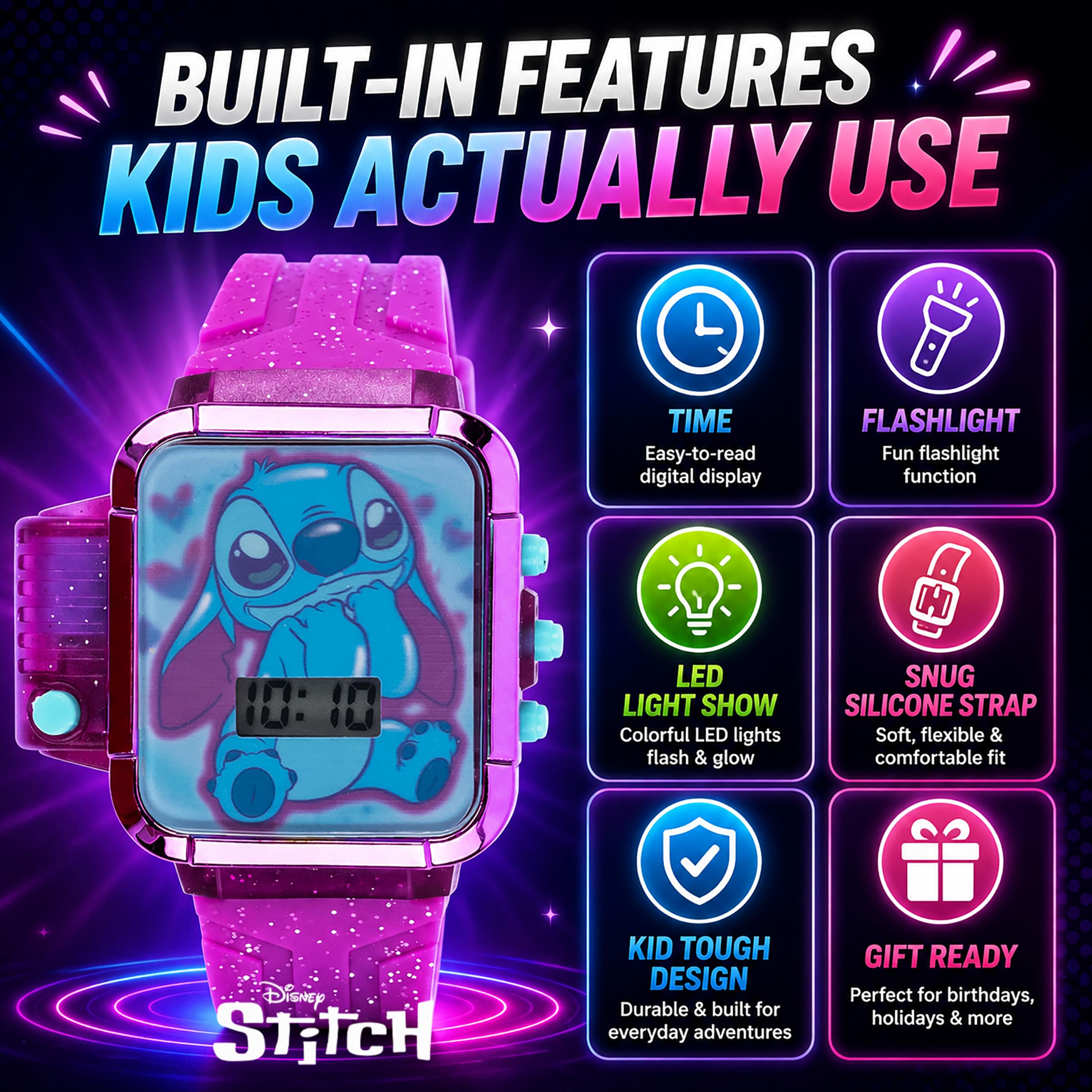 Disney Stitch - Orologio LCD per bambini con luce LED, torcia e cinturino | Display a LED luminoso, cinturino con caratteri stampati, design resistente all'acqua e vestibilità regolabile per polsi da