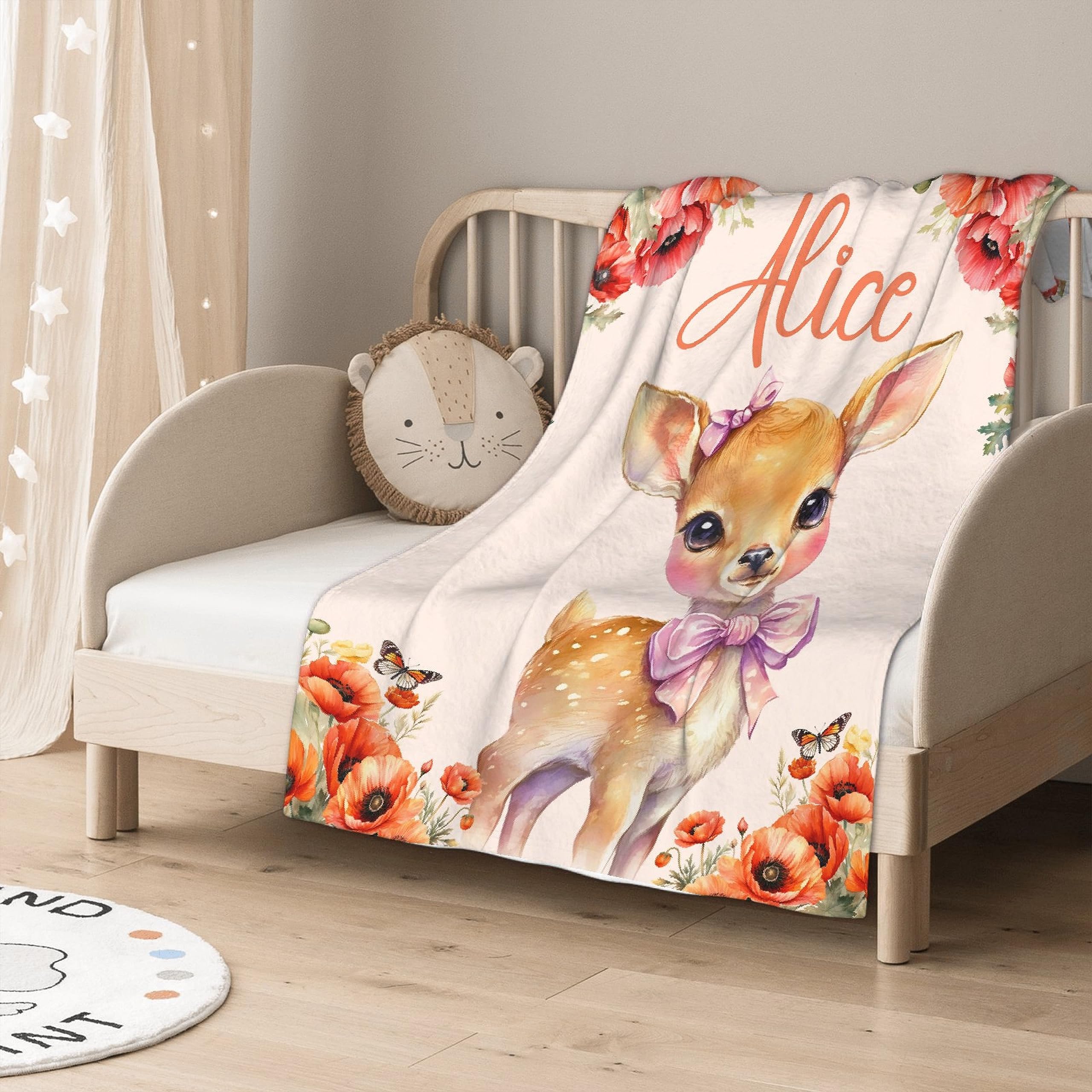 Sandilya Personalized Baby & Kids Custom Name Blanket with Deer Theme, Soft Flannel, Unisex, Pink/Red, 30