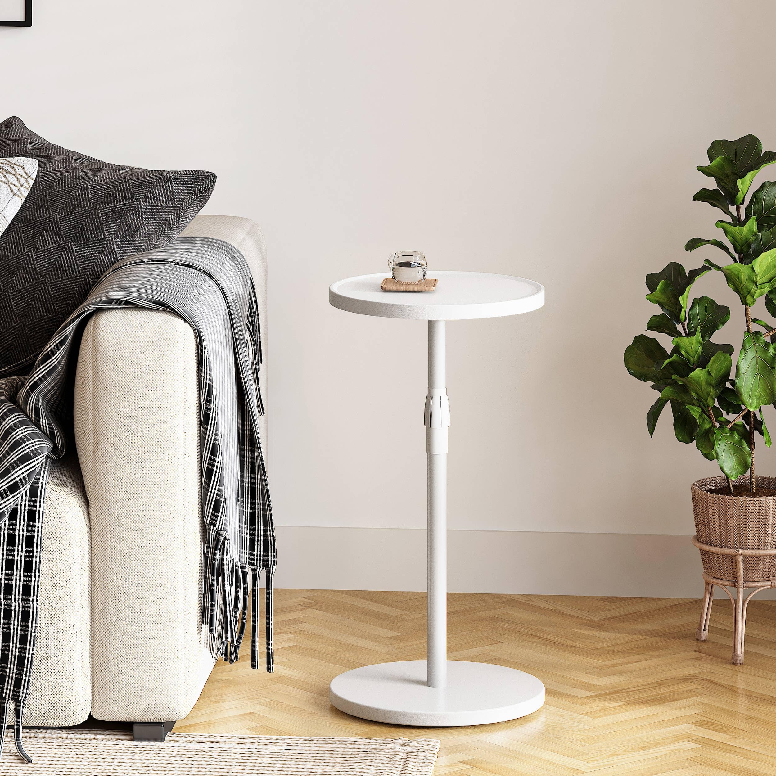 Table d'appoint Réglable en Hauteur Bout de Canape en Bois Petite Table Basse Ronde Compacte pour Petits Espaces Blanc ET-010WW