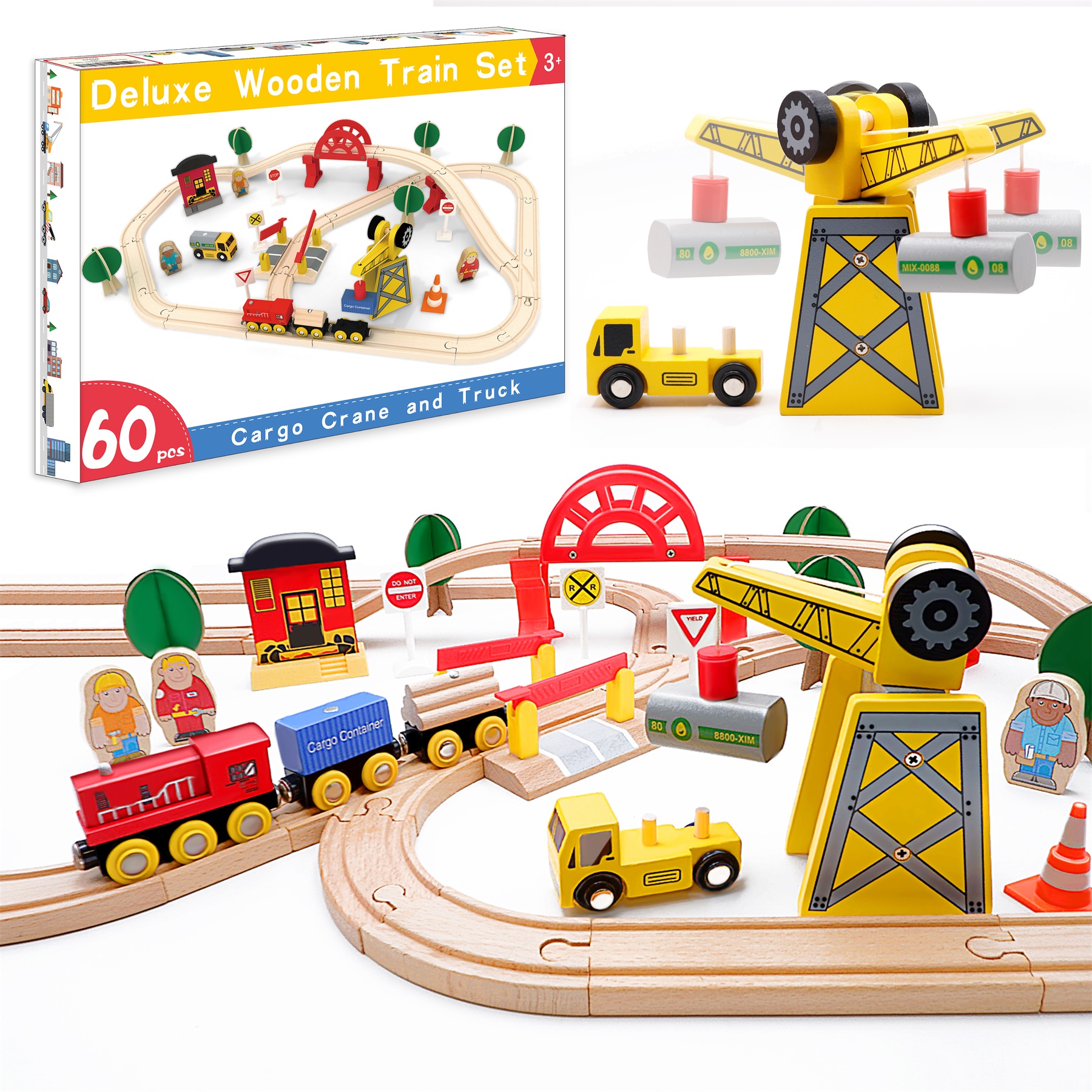Holzeisenbahn- Eisenbahn Advanced Set- Kran Spielzeug & Zug & Holz Eisenbahnen- 60Pcs- Passend für Brio,Thomas… – Bild 8