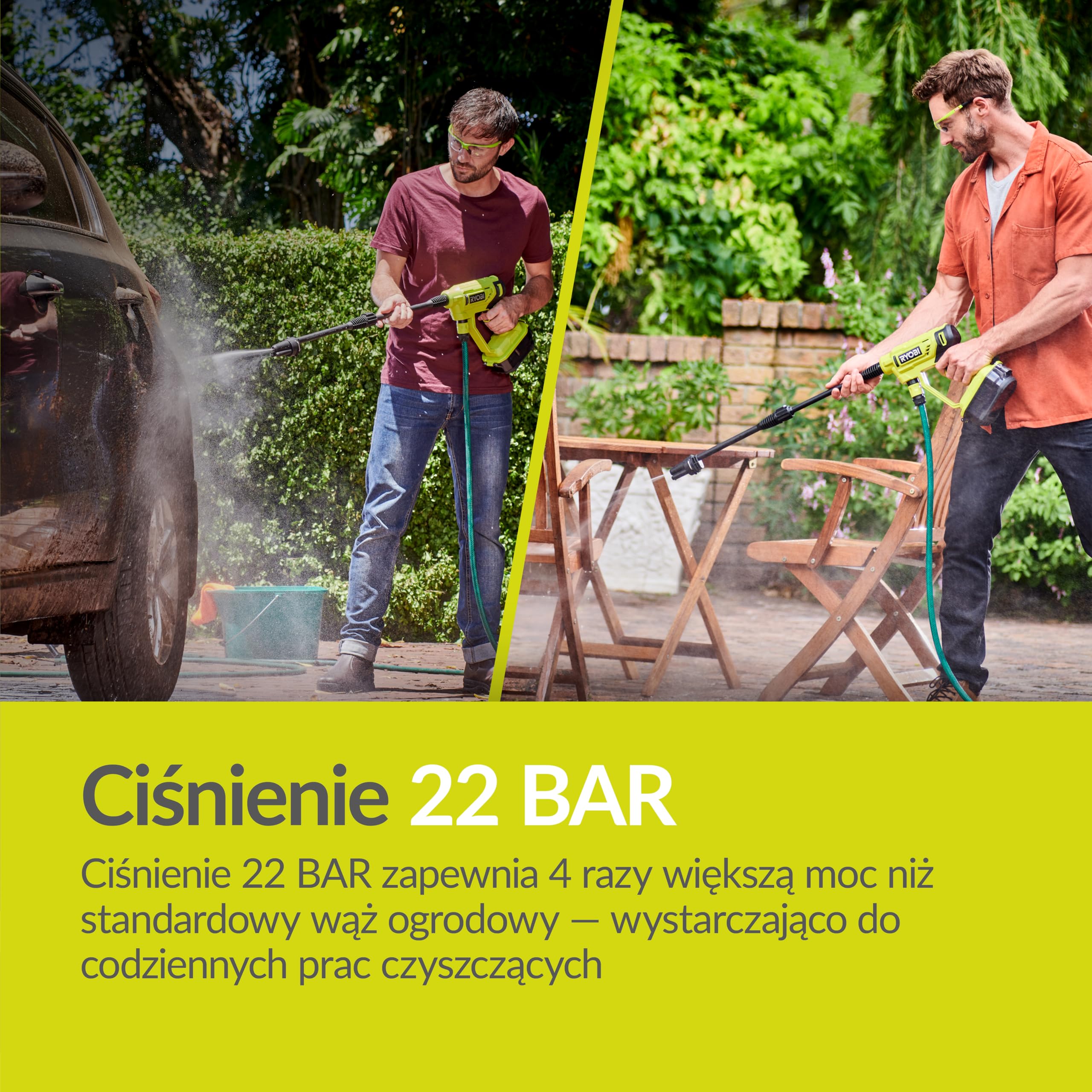 Ryobi Myjka ciśnieniowa, RY18PW22A-125, ciśnienie 22 bary, przepływ wody do 182L na godzinę, dysza 3 w 1, wąż 6 m z sitkiem i filtrem, w zestawie: 1 akumulator litowo-jonowy 2,5 Ah oraz ładowarka