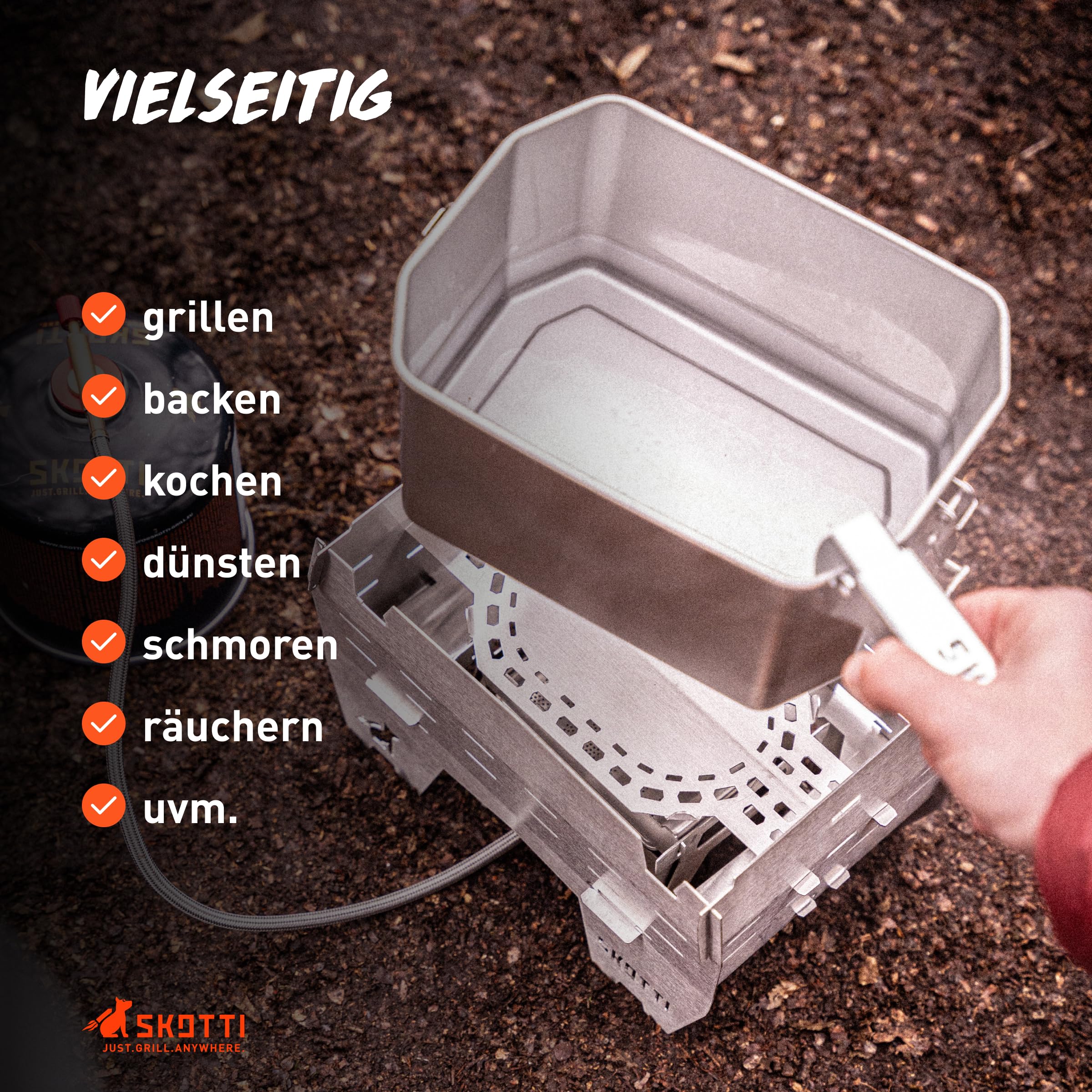 SKOTTI Mini, Holzkohlegrill, Campinggrill Holzkohle klappbar, Ideal für Camping, Balkon, Festivals oder Survival, Campingkocher für Holz, als Hobo Kocher und Survival Kocher nutzbar Solo Camping Stove