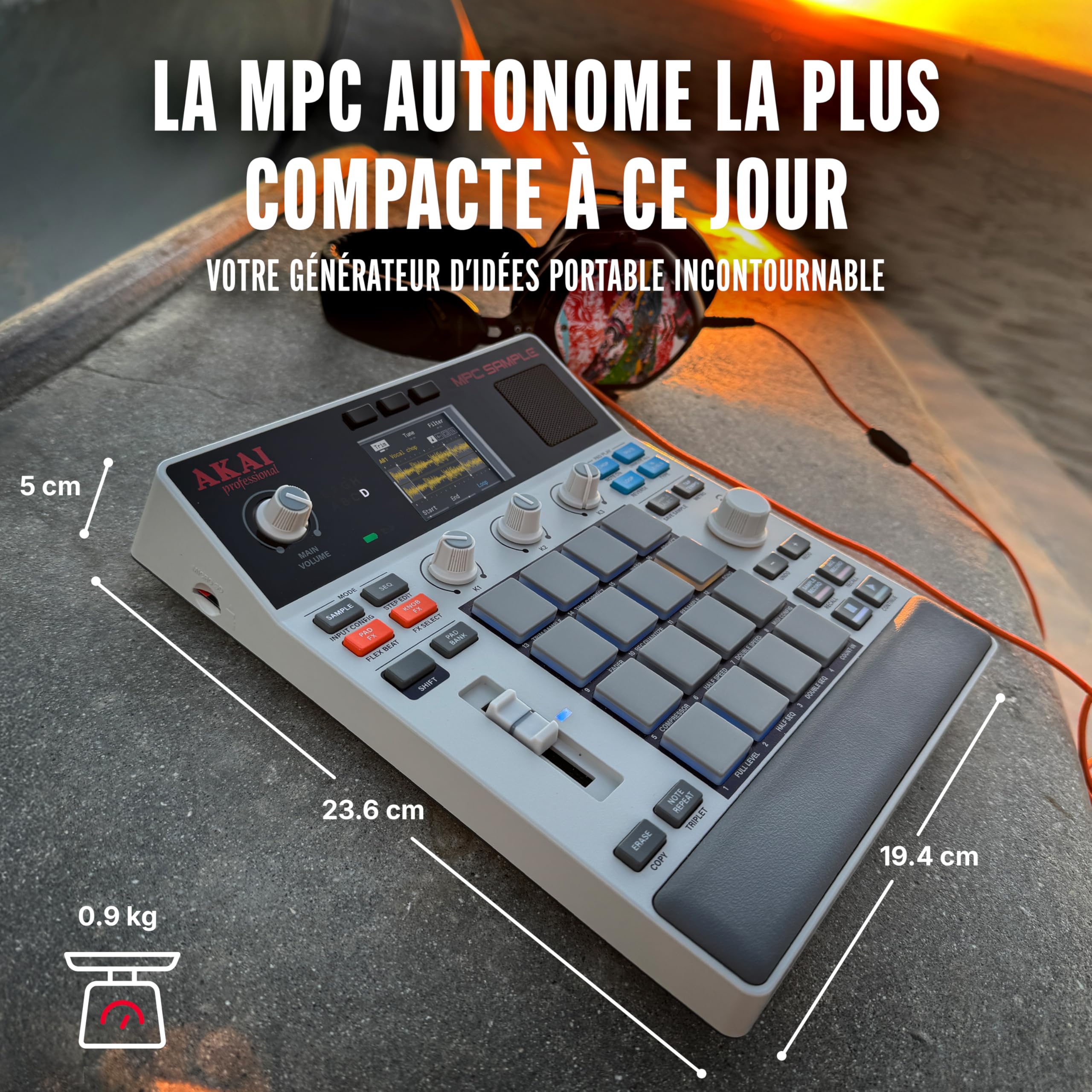 Akai Professional MPC Sample - Sampler Portable Autonome, Séquenceur et Processeur d'Effets avec Batterie Rechargeable, USB-C, Haut-Parleur et Micro