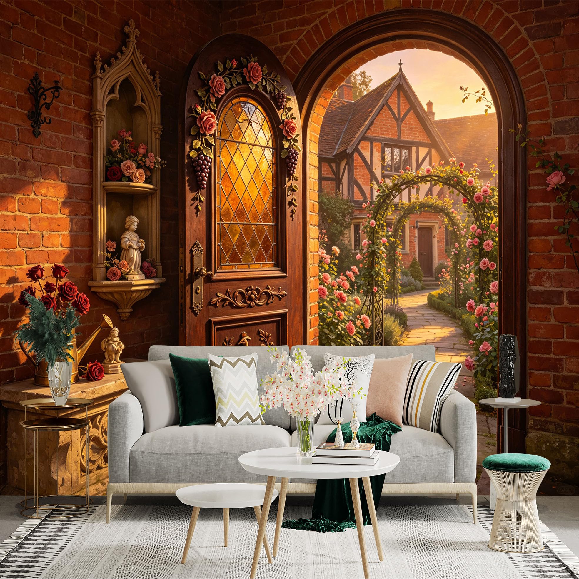 Custom Size Wall Sticker Mural， Rustic Cottage Entrance with Rose Garden Archway and Vintage Brick Interior， for wall Decoration， peelandstick wall Decals.