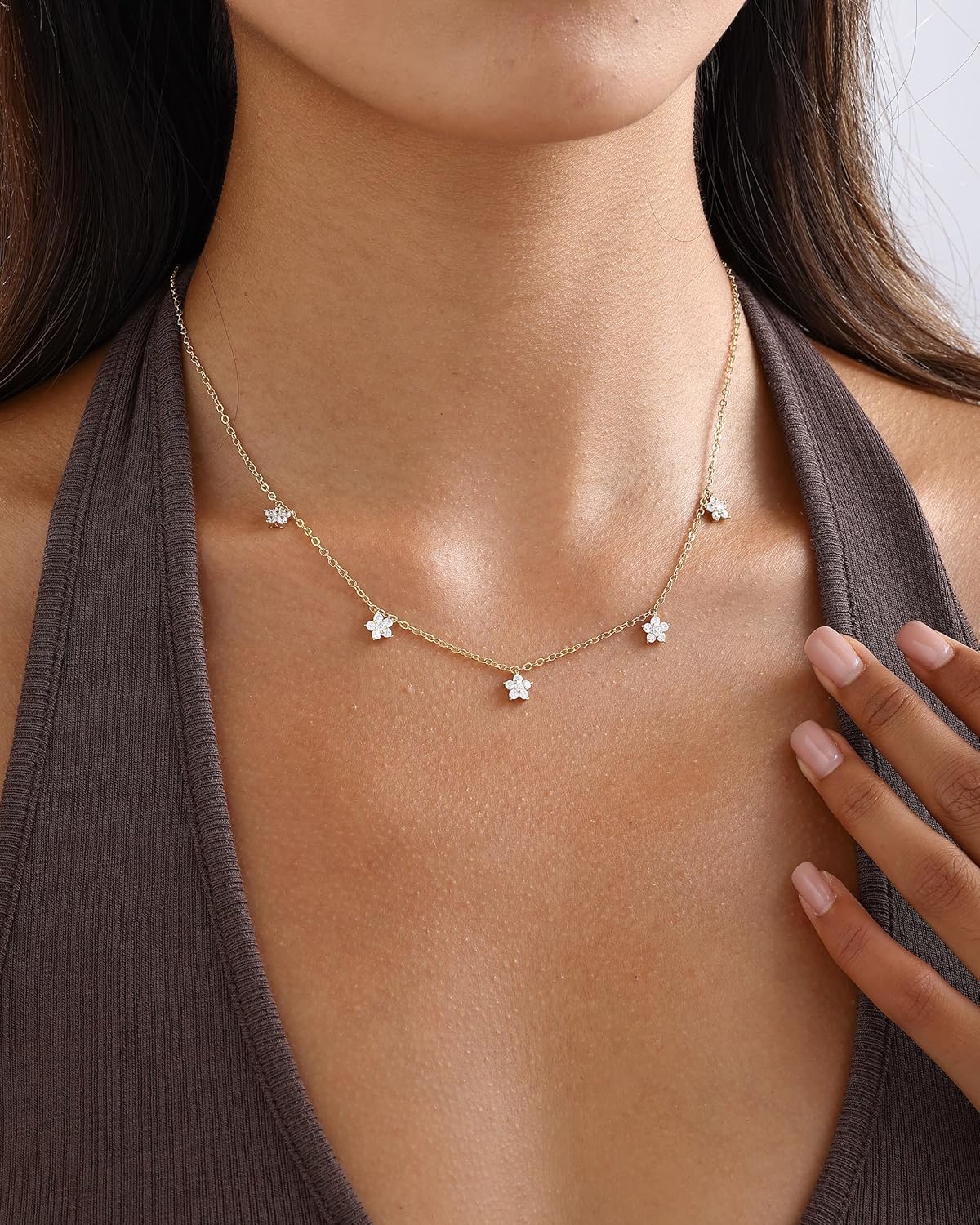 Gold Necklace for Women Non Tarnish, 14K Gold Plated Dainty CZ Clover Marquise Flower Charm Diamond Choker Necklace for Women Trendy Wedding Jewelry - Image 2