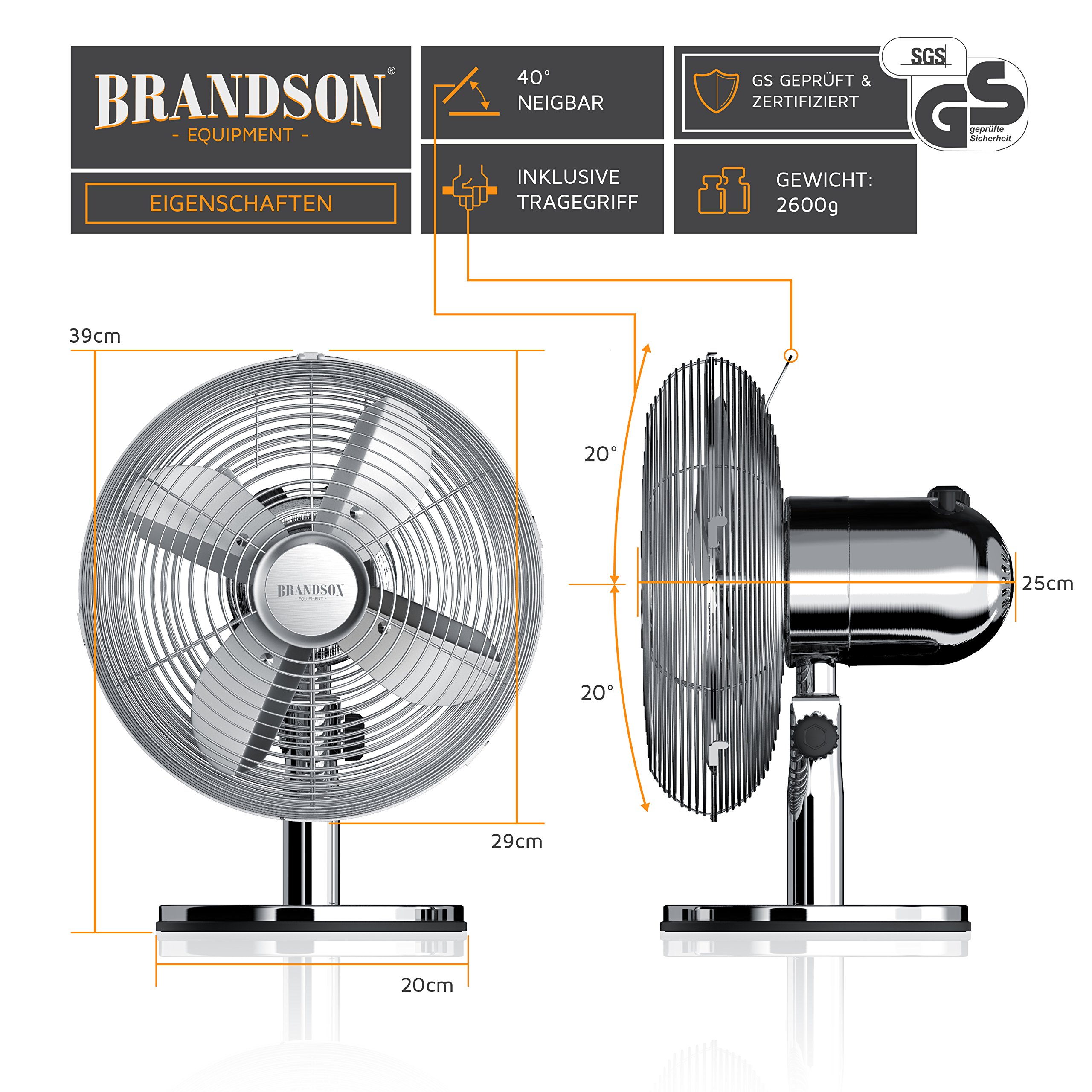 Brandson - Tischventilator Design Retro - Ventilator mit 3 Geschwindigkeitsstufen - mobiler Lüfter - Oszillation 80°, Neigungswinkel ca. 40° - robustes Voll-Metallgehäuse - Silverline