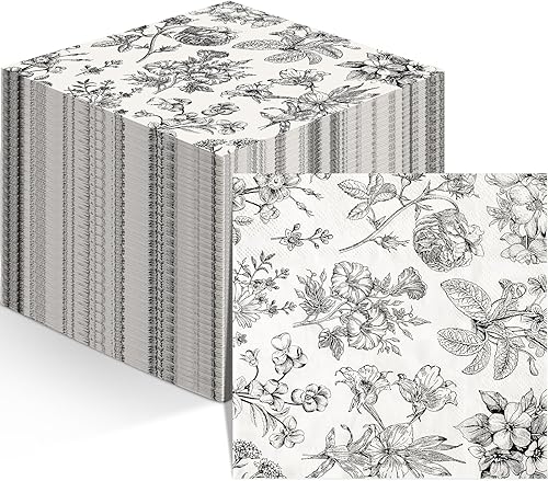 Tatuo Servilletas de papel florales desechables en blanco y negro, servilletas florales vintage con flores para invitados, toallas de mano para