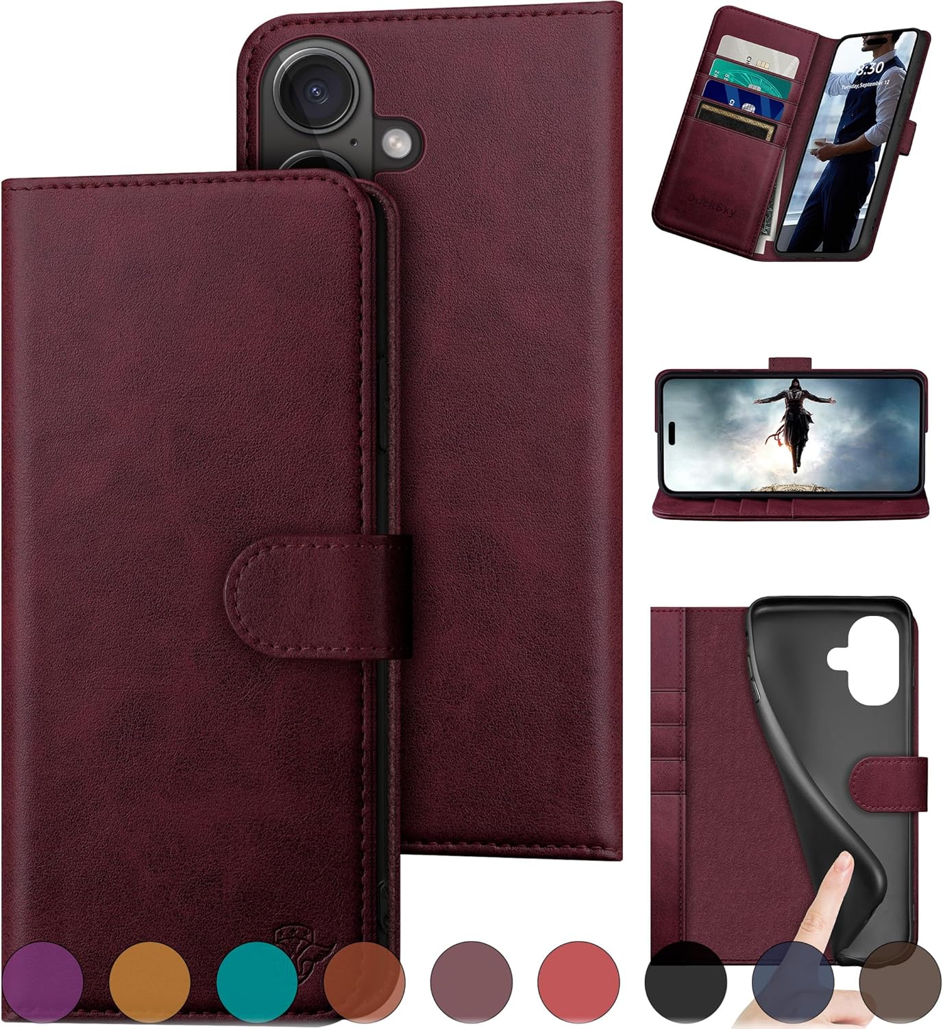 DuckSky Compatible with iPhone 16 Plus 6.7" Genuine Leather Wallet case【RFID Blocking】【4 Credit Card Holder】【Real Leather】 Flip Folio Book Phone case Cover Women Men for Apple 16 Plus case Wine Red