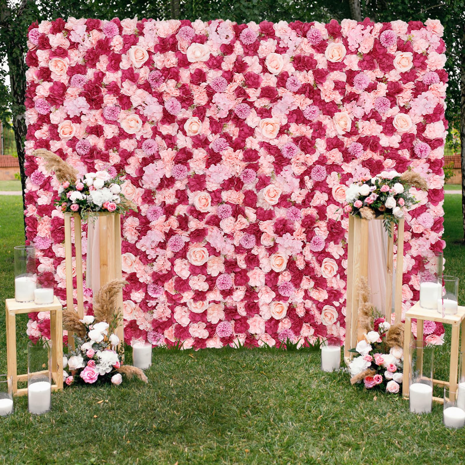 Floral Backdrop Wall Panels for Wedding Decor - Fuchsia Pink 5ftx3.74ft Artificial Rose Backdrop Faux Flower Wall - Bridal Shower Birthday Party Decor