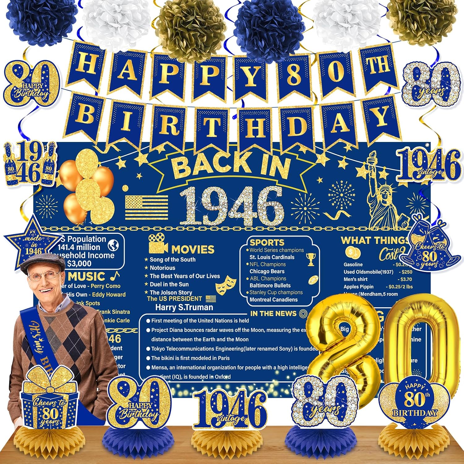 90th Birthday Decorations for Men Women Navy Blue Gold Vintage Back in 1936 Banner Happy 90th Birthday Honeycomb Centerpiece Hanging Swirls Sash Paper Pompoms Decor for Cheers to 90 Years Old Supplies