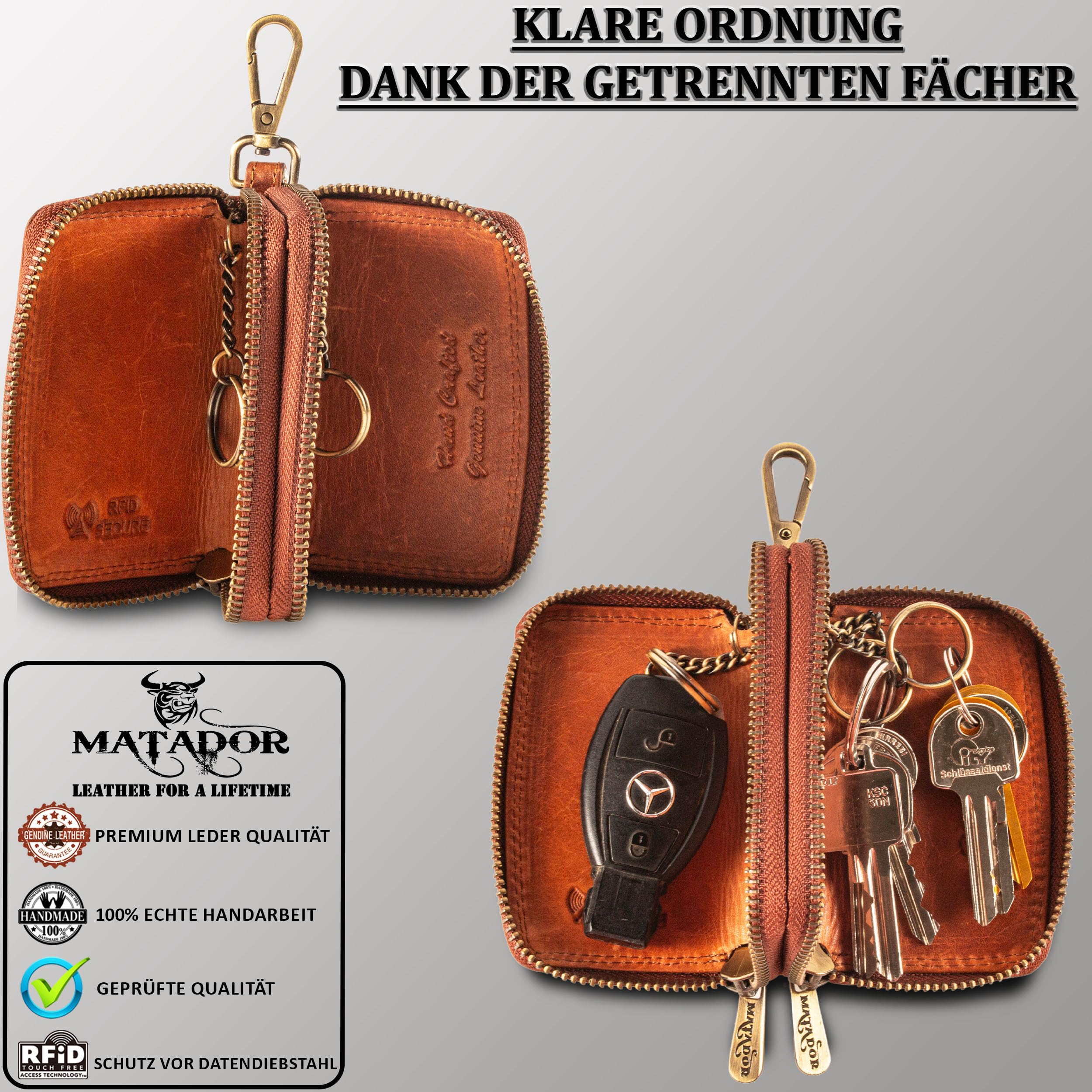 MATADOR Sac pour Clef - Etui à Clé en Cuir Véritable | Porte Clés avec Double Femeture Éclair en Métal et Mousqueton | Mini Pochette Rangement Clef Protection Organiseur avec Boîte Cadeau elegant