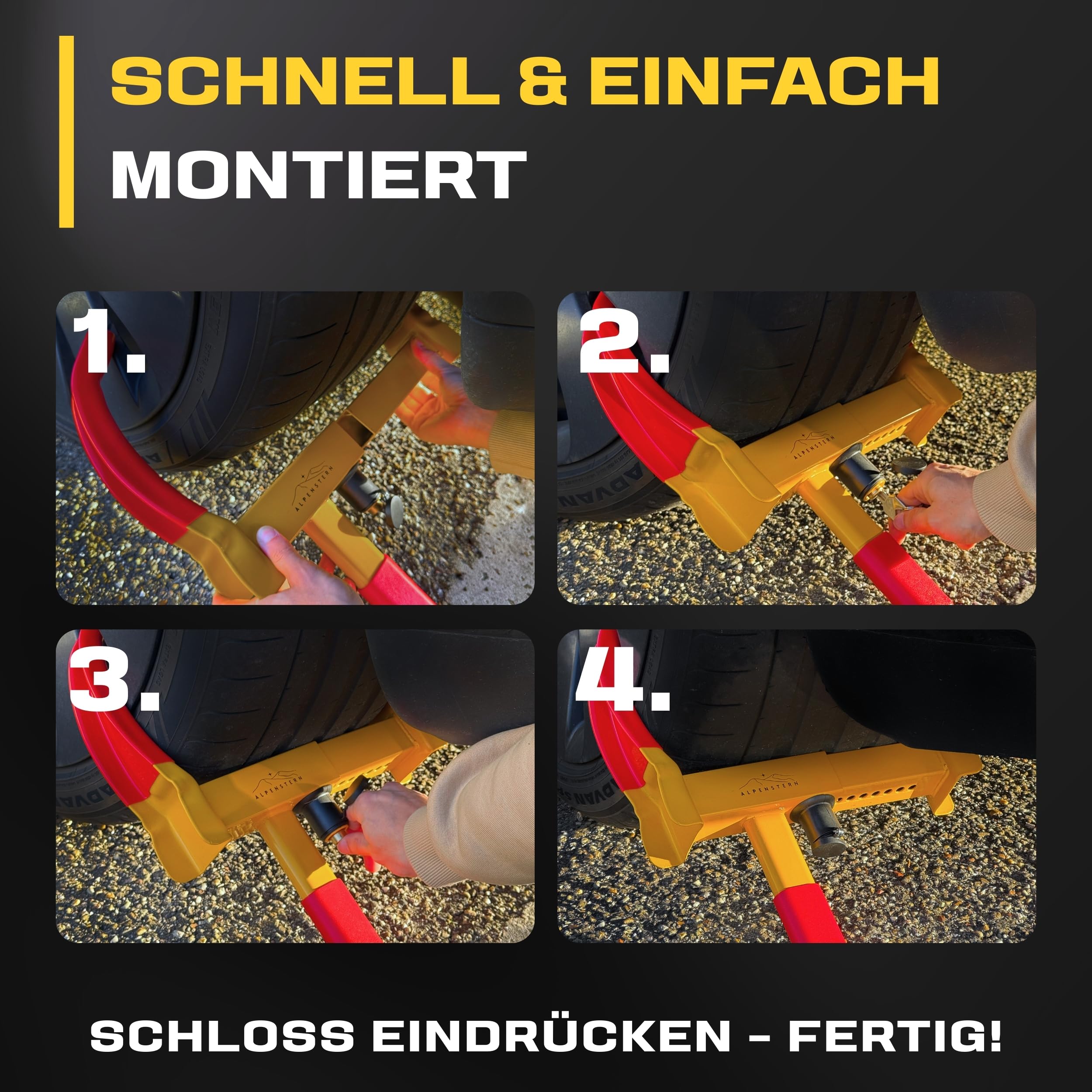 Parkkralle Radkralle für Anhänger, Auto, Wohnwagen, Wohnmobil, PKW, Wegfahrsperre Autokralle Reifenkralle mit Sicherheitsschloss + 3 Schlüssel, für 17-30cm breite Reifen, 1-Hand Bedienung
