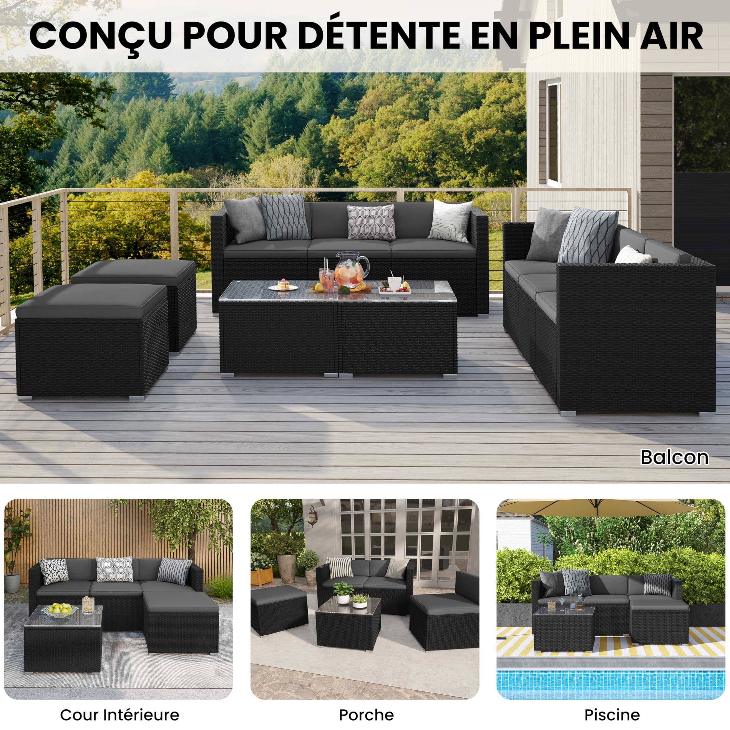 Abician 5 Pièces Salon de Jardin Exterieur en Polyrotin, 4 Personnes Ensemble Mobilier avec 3 Canapés Modulables, 1 Table Basse en Verre Trempé et 1 Ottomane pour Bistro Patio Terrasse Noir/Gris