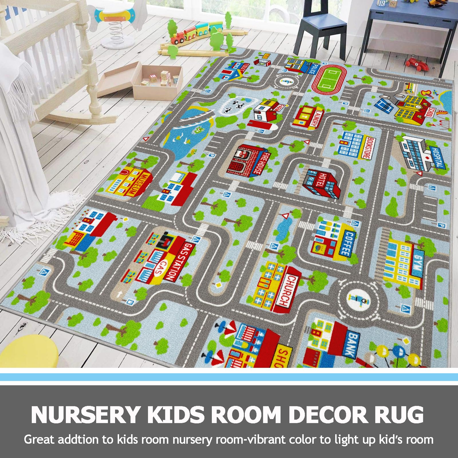 Capslpad Kinderteppich, Spielmatte für Spielraum, Verkehr, Straße, Kinderspielmatte für Kleinkinder, rutschfest, waschbar, Stadtkarte, Rennstrecke, Teppich für Kinderzimmer, Schlafzimmer, Kinderzimmer
