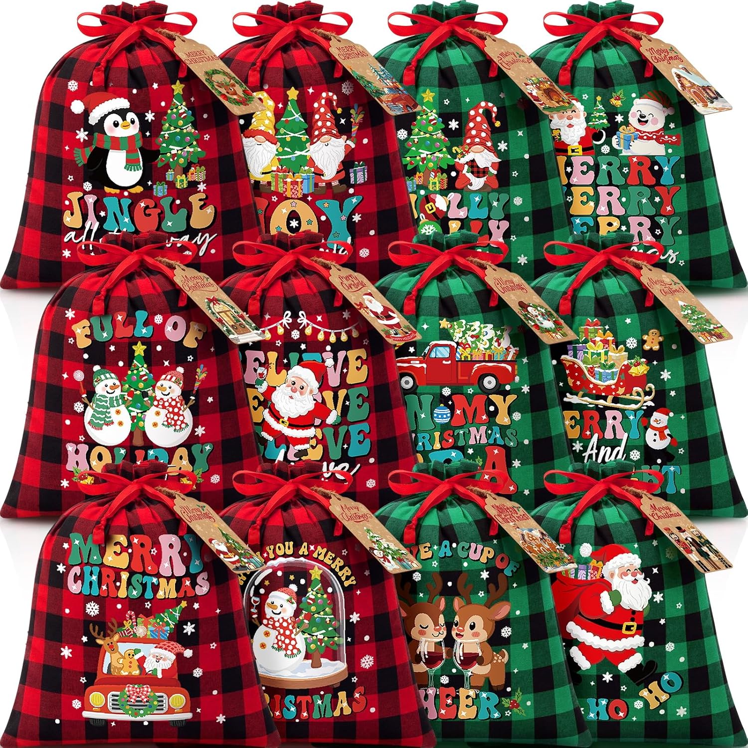 12 PCS Burlap Christmas Drawstring Gift Bags, 10x12in Buffalo Plaid Xmas Gift Bags w/ Tags, Cotton Fabric Goody Gift Treat Bags Xmas Sacks Medium Reusable Gift Wrapping Bags for Holiday Party Favors